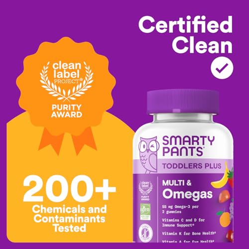SmartyPants Toddler Multivitamin Gummies - Improved Formula: Omega 3 (DHA/EPA), Vitamins D3, C, Vitamin B12, B6, A, K & Zinc, Biotin, Gluten Free, Three Fruit Flavors, 60 Count (30 Day Supply) - Image 6