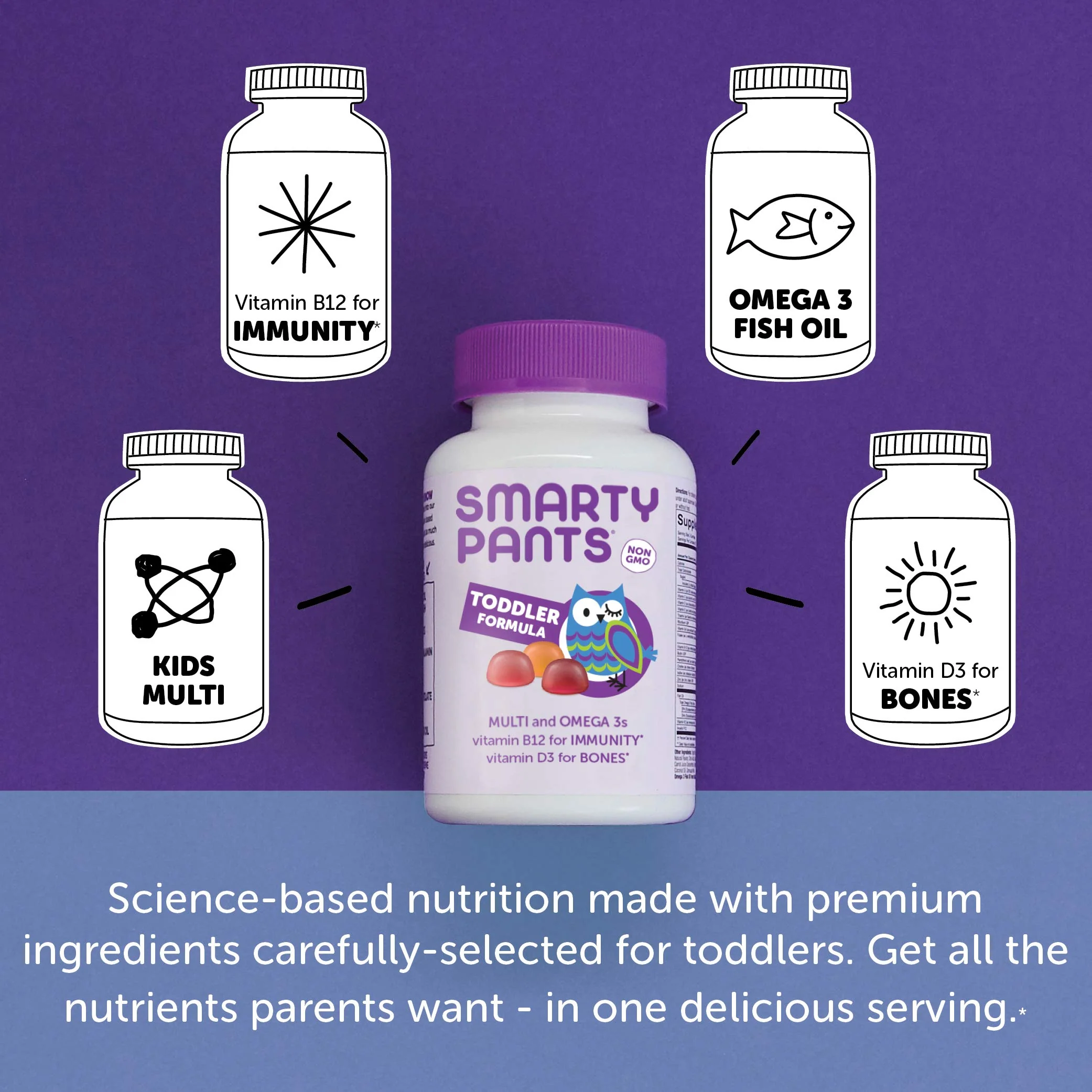 SmartyPants Toddler Multivitamin Gummies: Omega 3 Fish Oil (EPA/DHA), Vitamin D3, C, Vitamin B12, B6, A, K & Zinc, Biotin, Beta Carotene, Gluten Free, Three Fruit Flavors, 180 Count (60 Day Supply) - Image 13