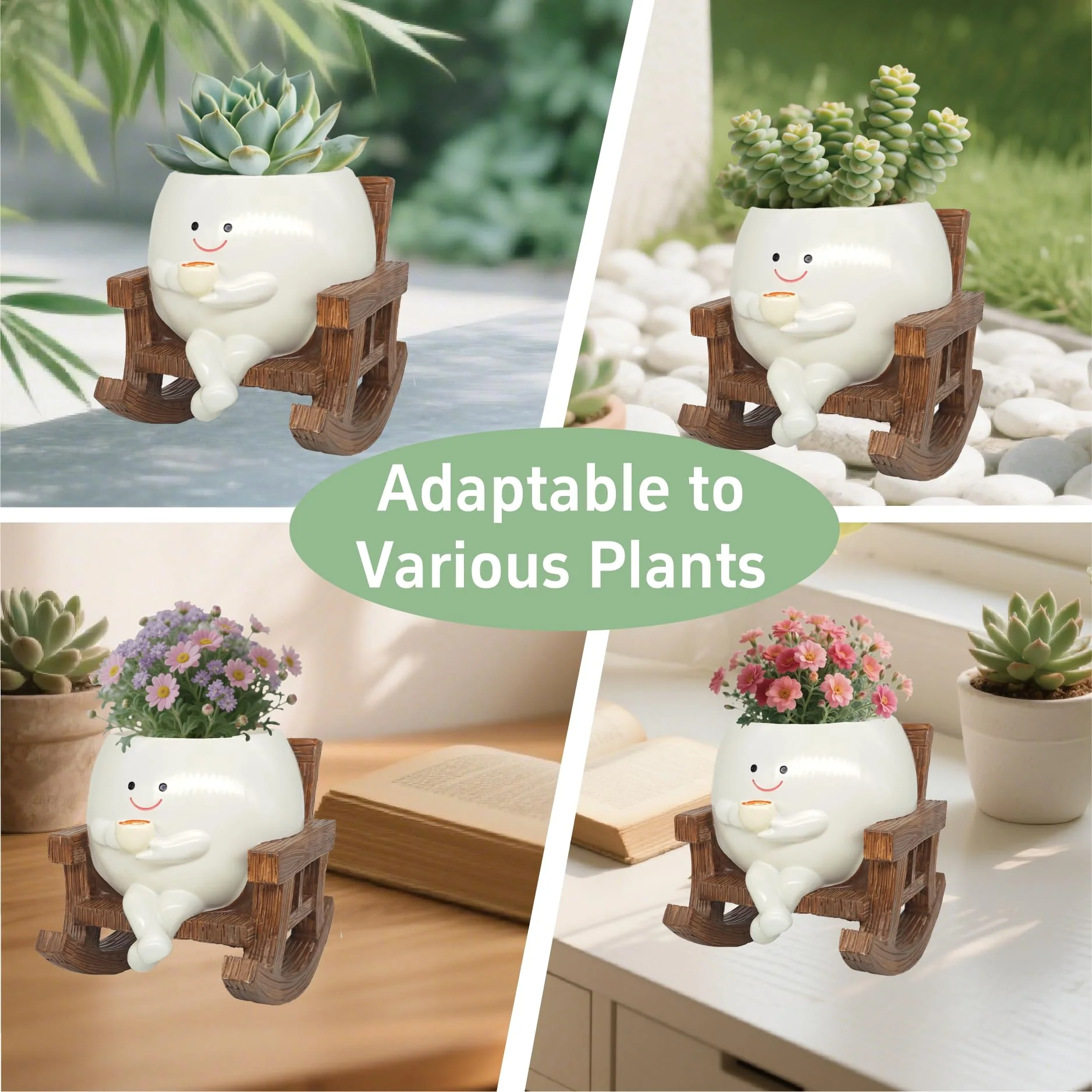 Smiley Face Planter Pot, Cute Coffee Plant Pots for Indoor Outdoor,Unique Rocking Chair Plant Pot for Succulents Plants Live with Drainage Hole,Gift IdeaI for Mother and Appreciation Christmas (Large) - Image 3