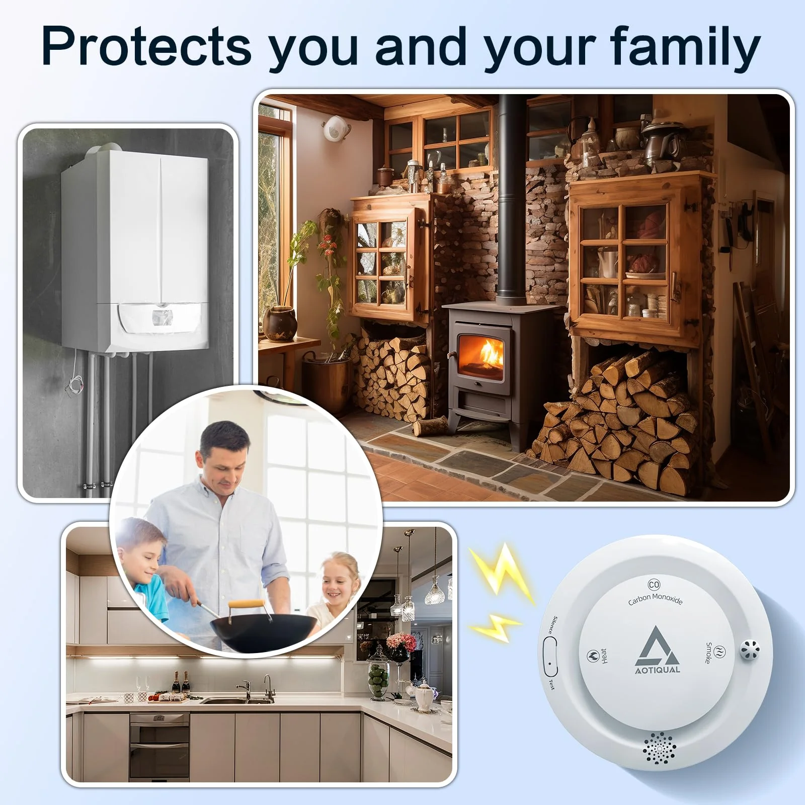 Smoke and Carbon Monoxide and Heat Detector 3-in-1 CO/Smoke/Temp Alarm 10-Year Battery, 85dB Voice Alert, Explosion-Proof ABS, Easy Installation Home Safety Device (Includes AA Batteries) - Image 2