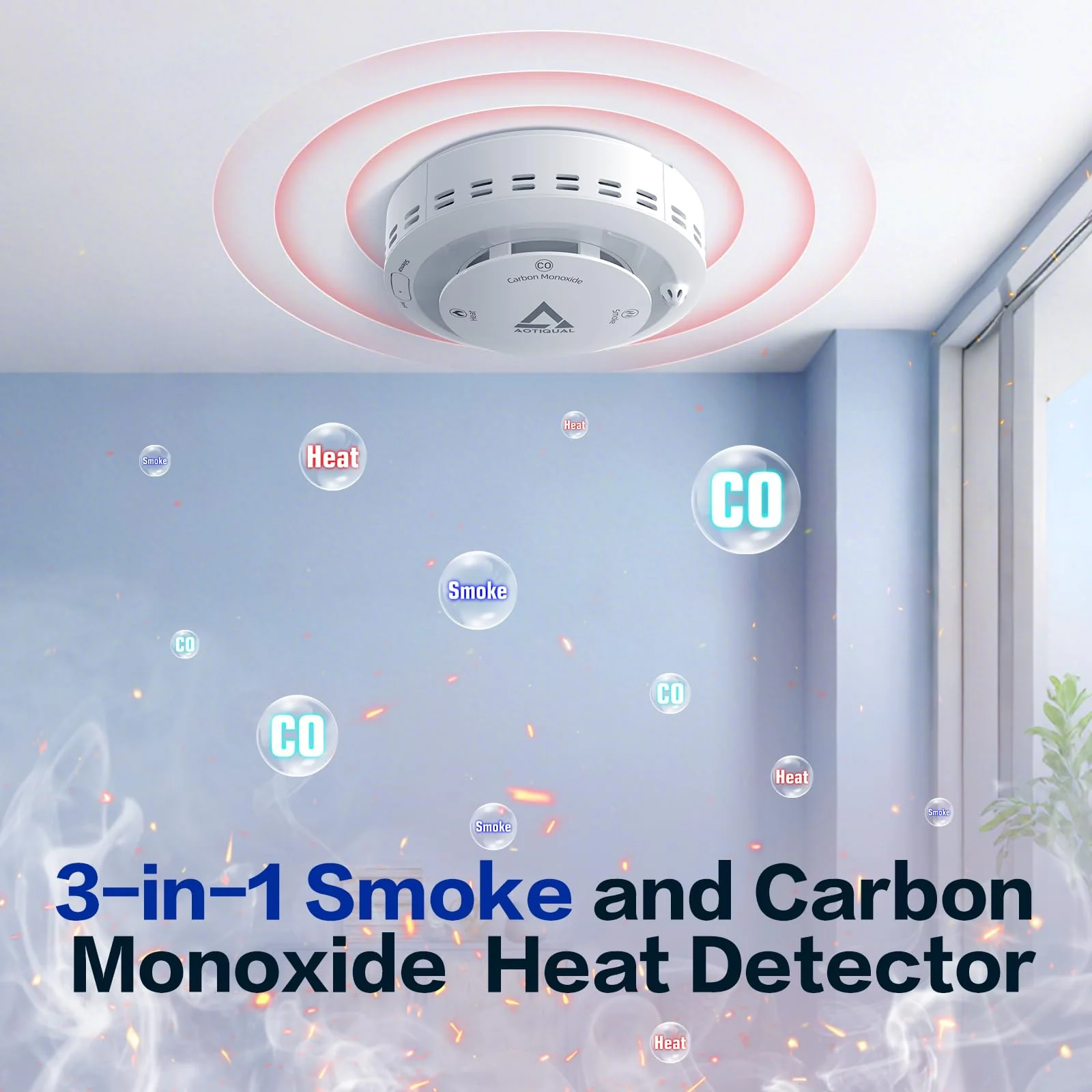 Smoke and Carbon Monoxide and Heat Detector 3-in-1 CO/Smoke/Temp Alarm 10-Year Battery, 85dB Voice Alert, Explosion-Proof ABS, Easy Installation Home Safety Device (Includes AA Batteries) - Image 9