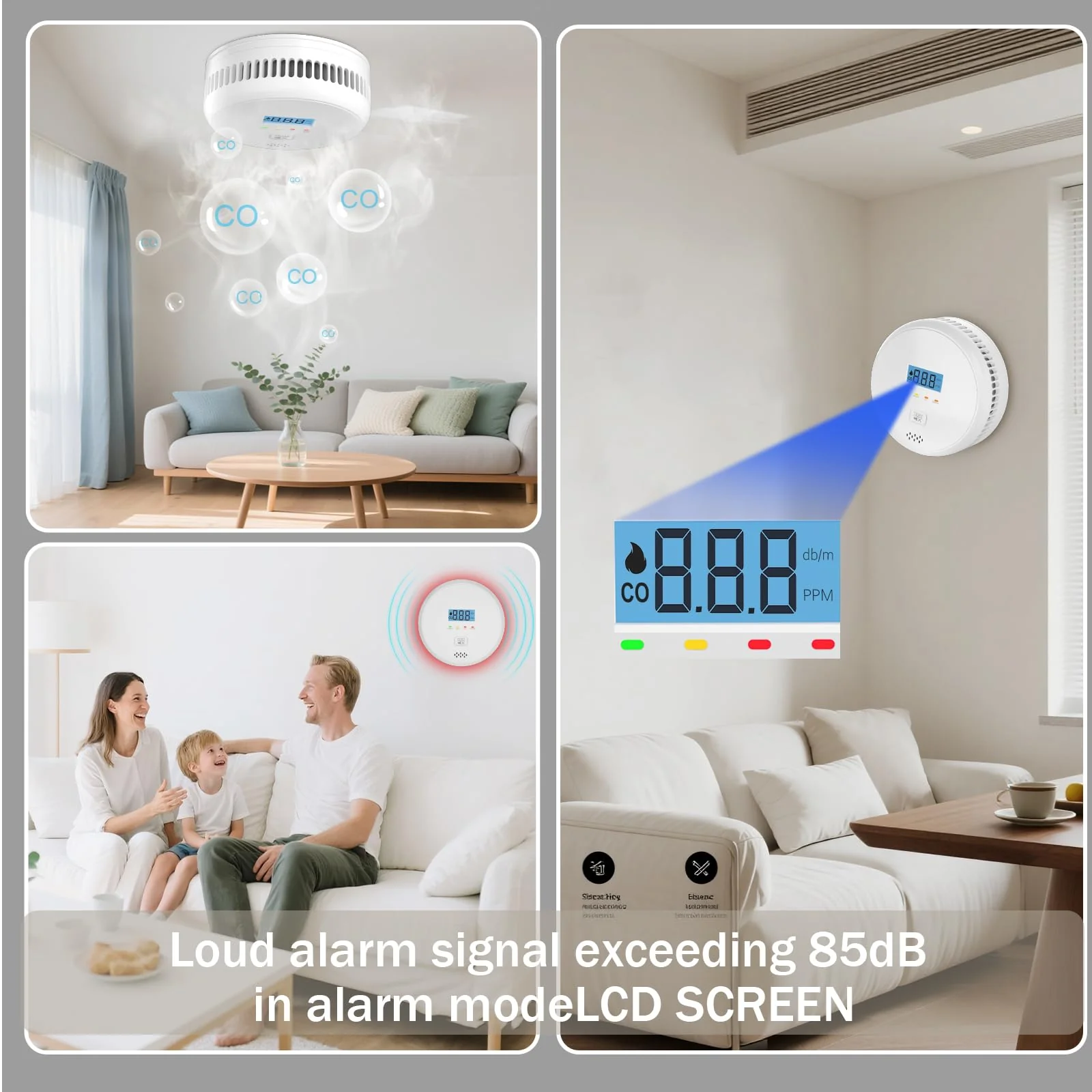Smoke and Carbon Monoxide Detector Alarm Combo, Combination Carbon Monoxide Gas Detector Smoke Fire Alarm 2AA Battery Powered, Digital Display and Sound Light Alarm for Home, Bedroom, Kitchen - Image 3