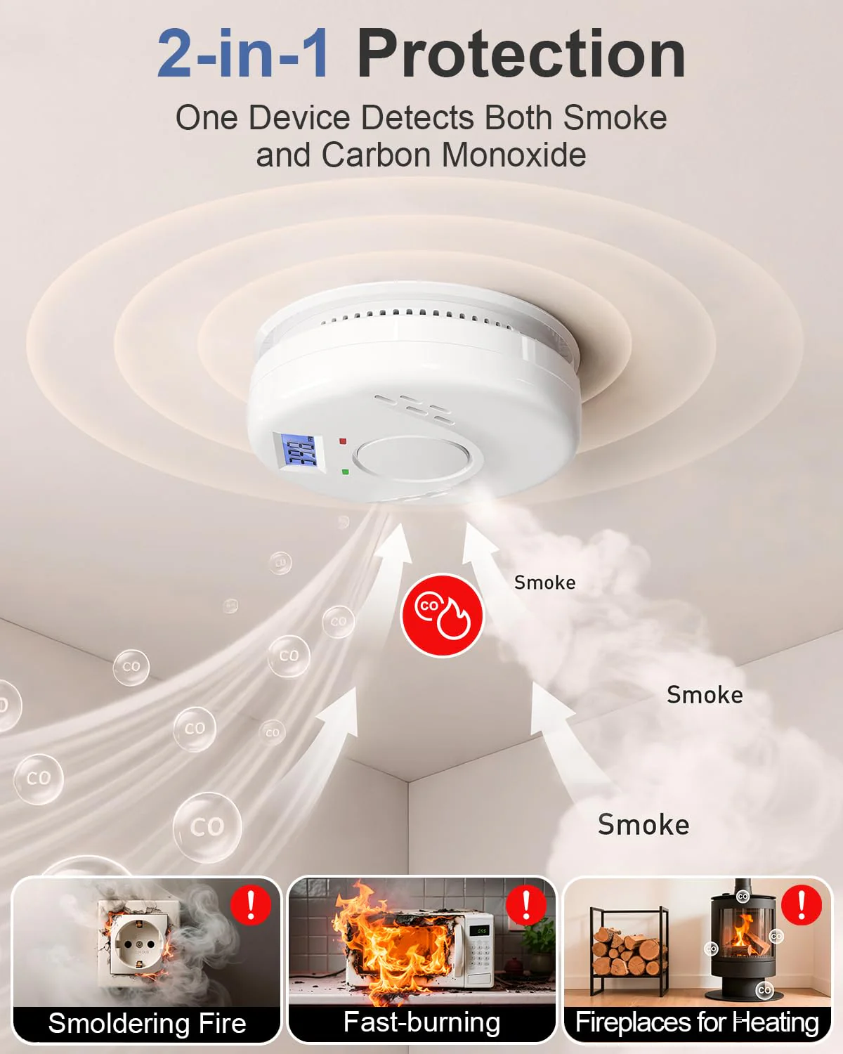 Smoke and Carbon Monoxide Detector, Battery Operated Fire Alarm with LCD Display & Test/Reset Button, Portable Photoelectric CO Smoke Detector Combo for Home, Apartment, RV & Travel, 1 Pack - Image 7
