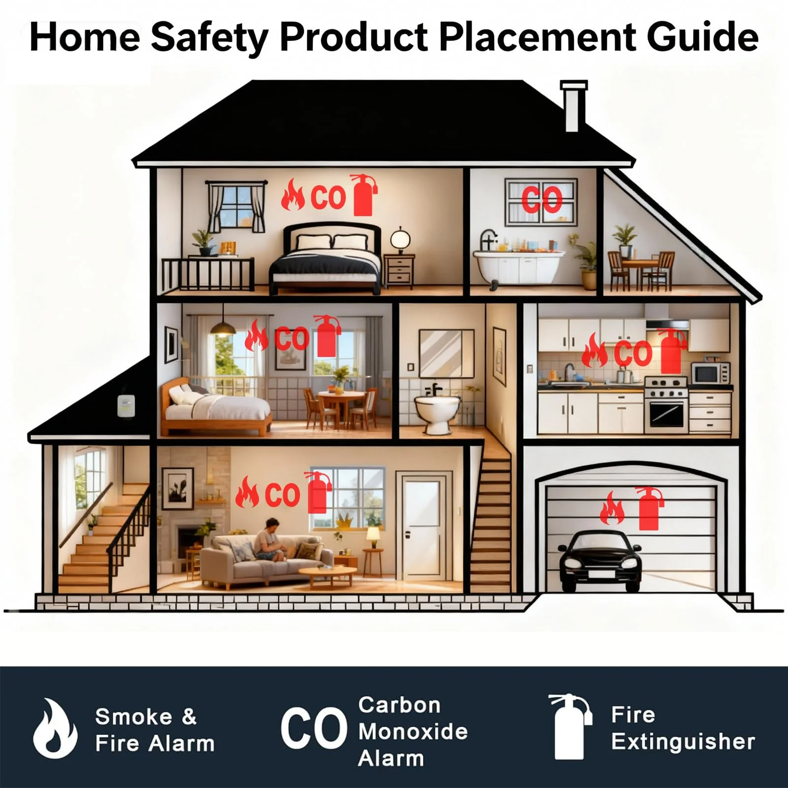 Smoke Detector Carbon Monoxide Detector Combo 10 Year Battery, 2 in 1 Smoke Detector, LED Warning Light Indicators, White, 1 Pack - Image 2