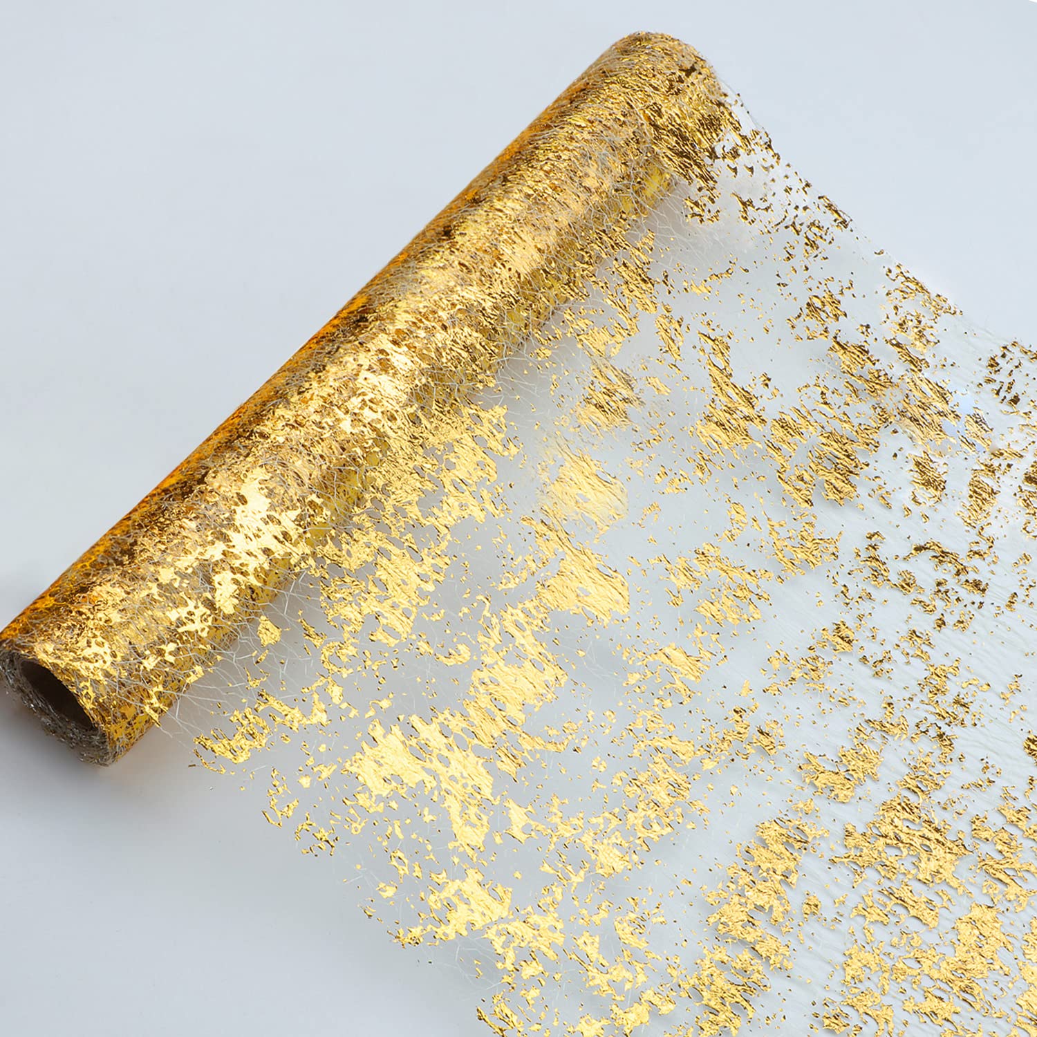 Snowkingdom Glitter Metallic Gold Table Runner 11 Inch x 100 Feet Thin Mesh Sparkle Runner Roll Table Decorations for Wedding Bridal Shower, Baby Shower, Christmas, Birthday Party