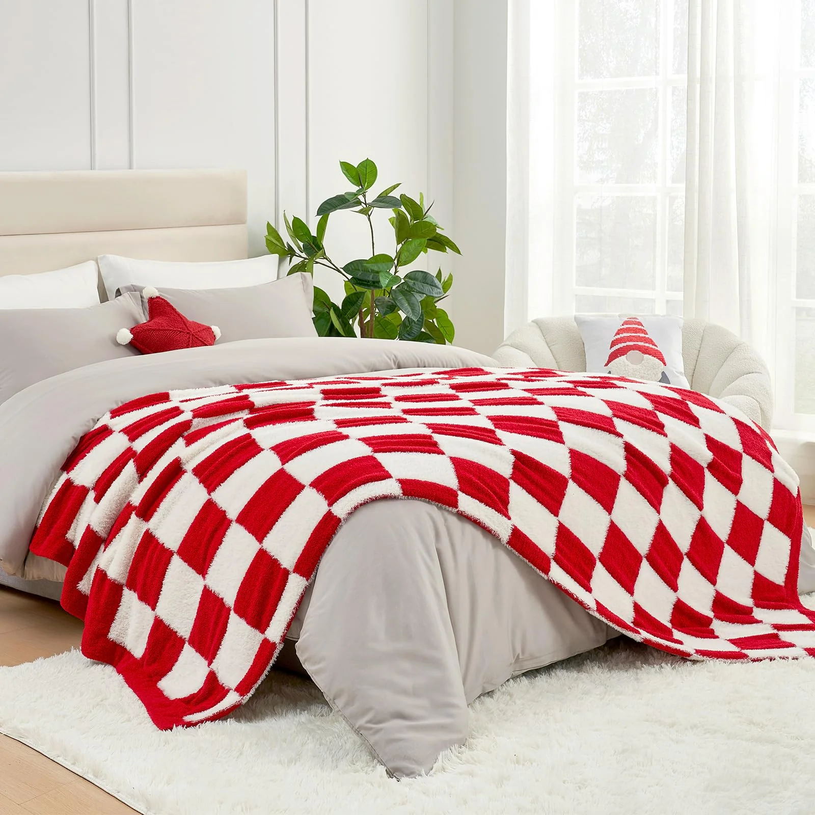 Snuggle Sac Red Checkered Christmas Blanket, Fluffy Faux Fur Ultra Soft Warm Microfiber Throw Blankets for Couch, Sofa, Chair, Bed, Red Checker, 50x60 inches - Image 3