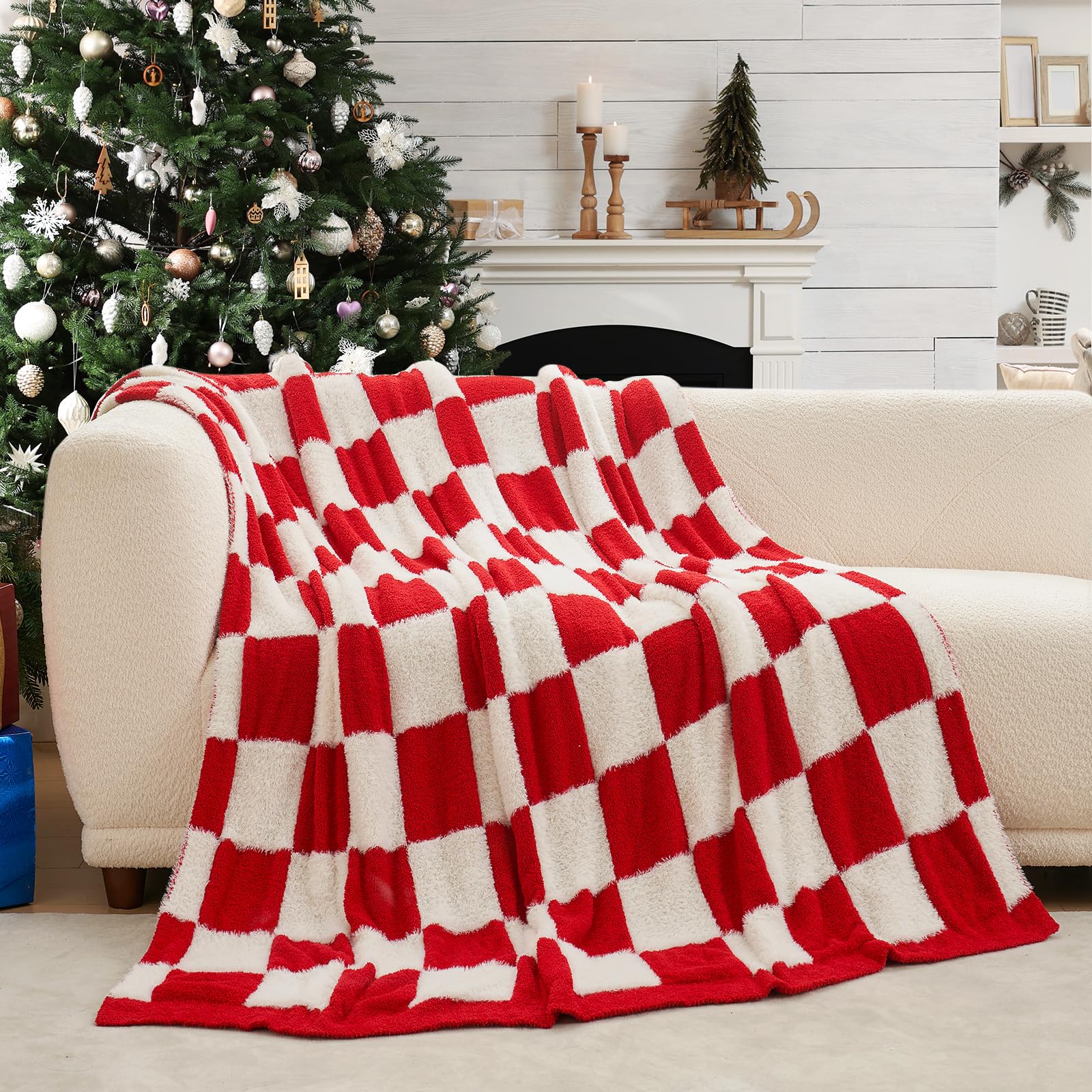 Snuggle Sac Red Checkered Christmas Blanket, Fluffy Faux Fur Ultra Soft Warm Microfiber Throw Blankets for Couch, Sofa, Chair, Bed, Red Checker, 50x60 inches - Image 5