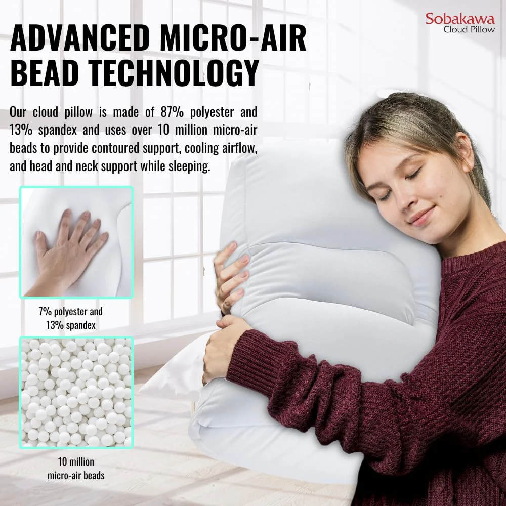 Sobakawa Cloud Pillow with Microbead Fill- Microbead Pillow- Contoured-Shaped Pillow for Neck and Head- Support Pillow for Sounder Sleep- Microbead Pillow for Sleeping- White - Image 5