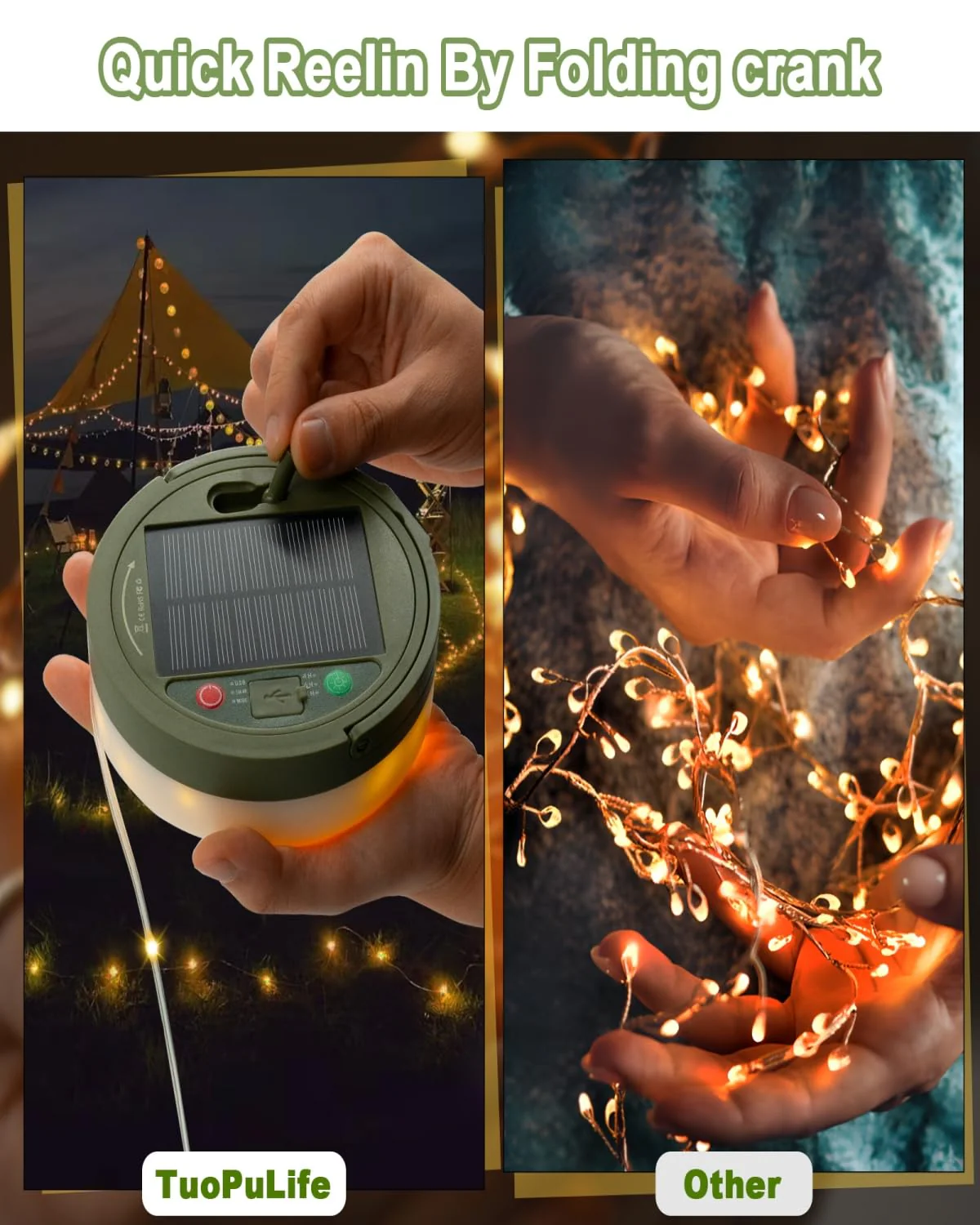 Solar Camping String Lights, 32.8FT Fairy String Lights 130LEDs, 4 In 1 Portable Waterproof Camp Lamp with 8 Mode, Hanging Rechargeable Tent Lantern for Awning Garden Yard Party Christmas Decorations - Image 4