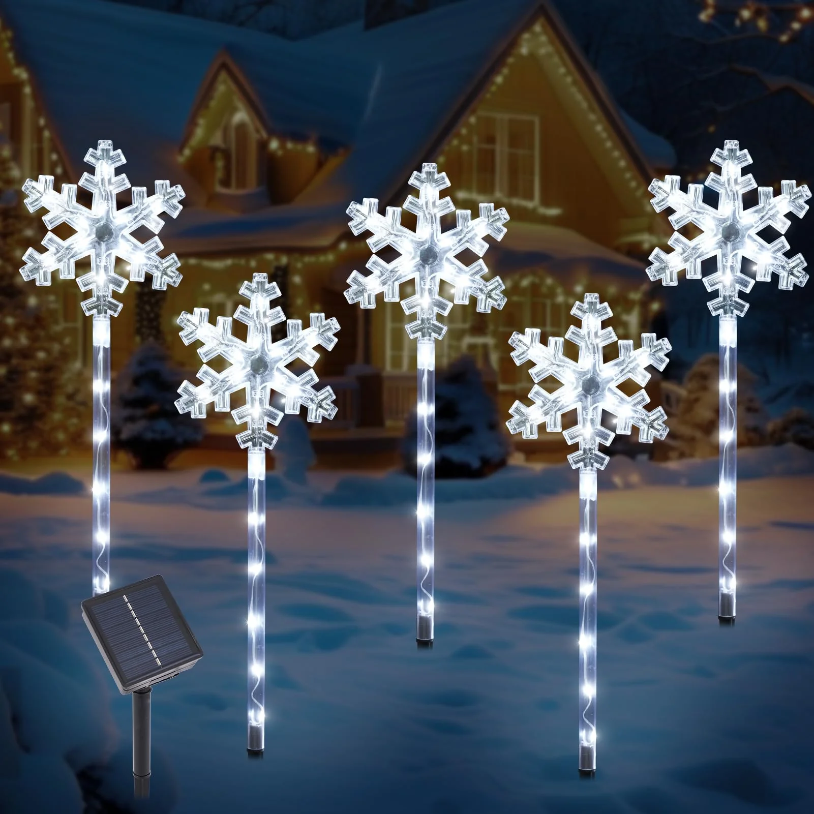 Solar Christmas Snowflake Pathway Lights, Set of 5 Outdoor Garden Lights Decorations,Waterproof Stake Decorative Light for Yard Lawn Porch Walkway Decor (Cool White, 5 Pack) - Image 2