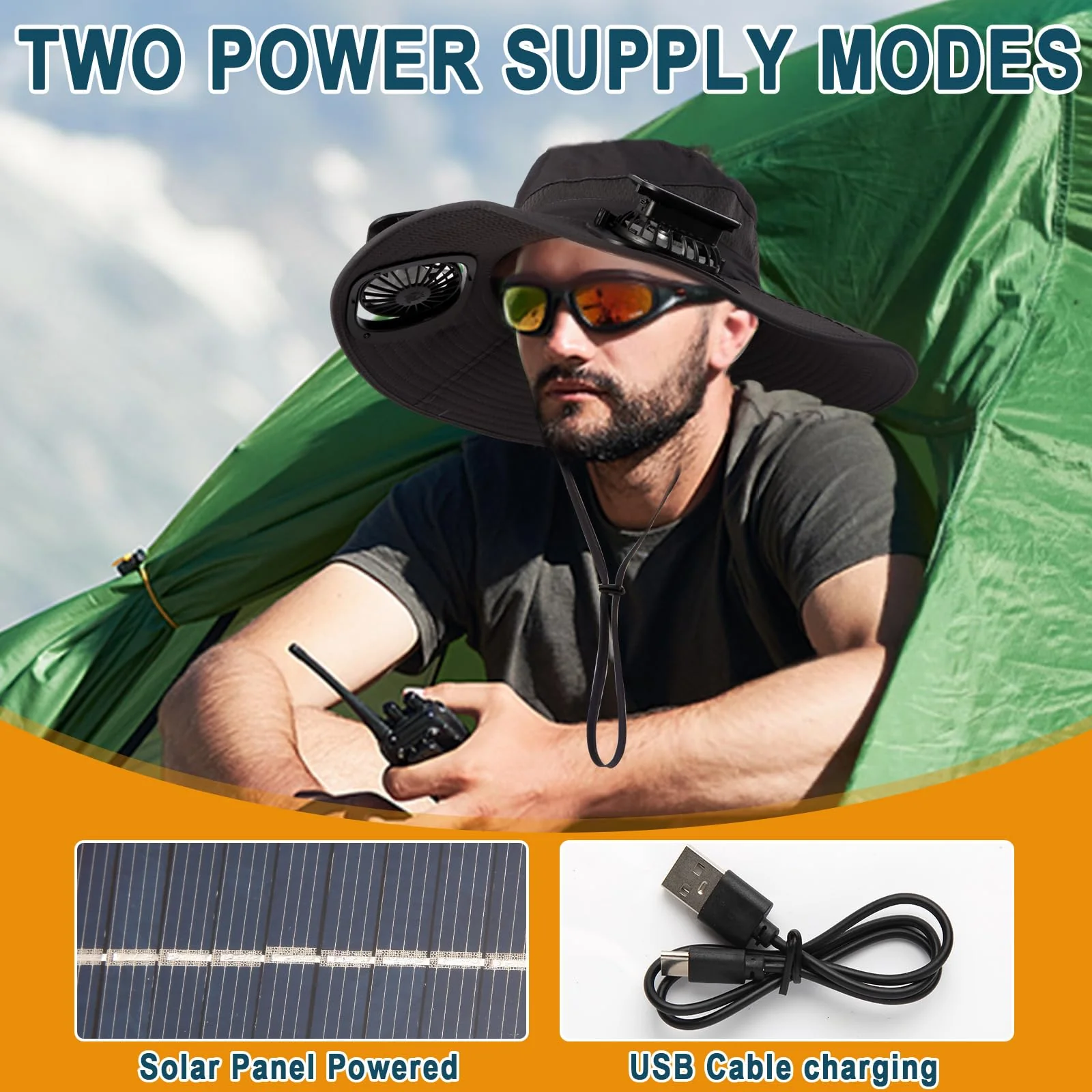Solar Fan Hat for Men & Women, Wide Edge Outdoor Sun Hat with 2 Built-in Fans, UPF 50+ Waterproof Outdoor Hiking Camping Fishing Hat, 3 Speed Adjustable Fan Hat (Khaki) - Image 2