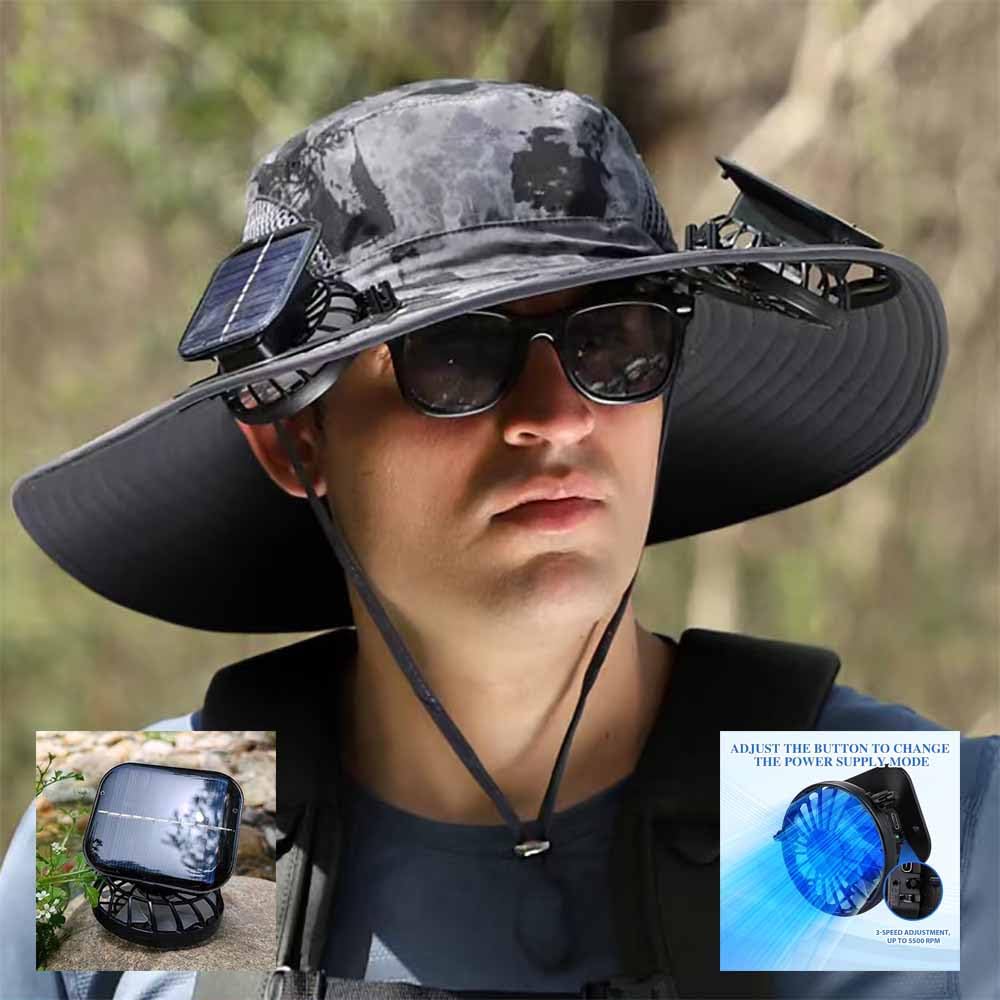 Solar Fan Hat, Wide-Brimmed Sun Hat with 2 Fans, Solar + USB Powered, Adjustable Angle, for Men and Women Fishing and Beach (US, Alpha, One Size, Black) - Image 5