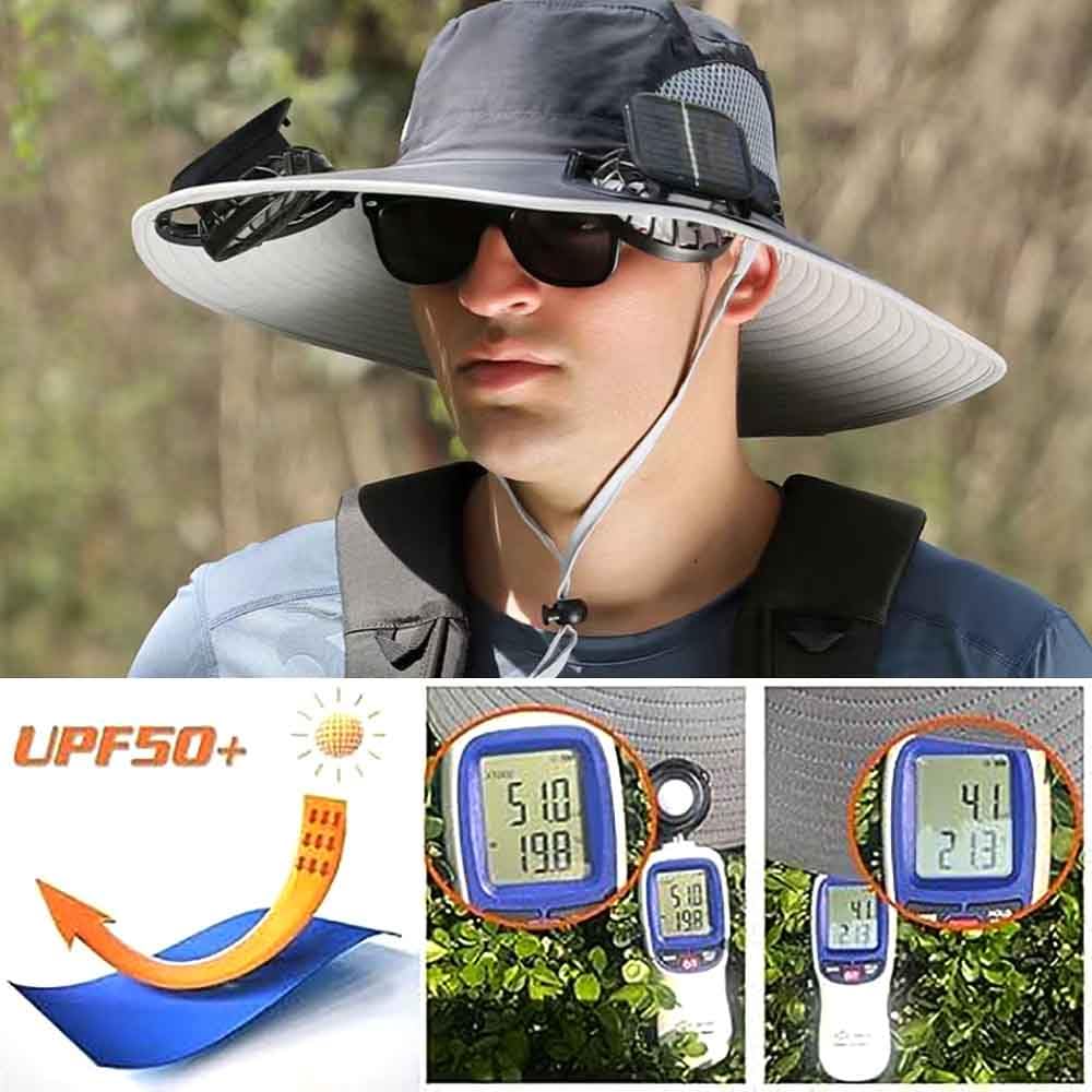 Solar Fan Hat, Wide-Brimmed Sun Hat with 2 Fans, Solar + USB Powered, Adjustable Angle, for Men and Women Fishing and Beach (US, Alpha, One Size, Khaki) - Image 7