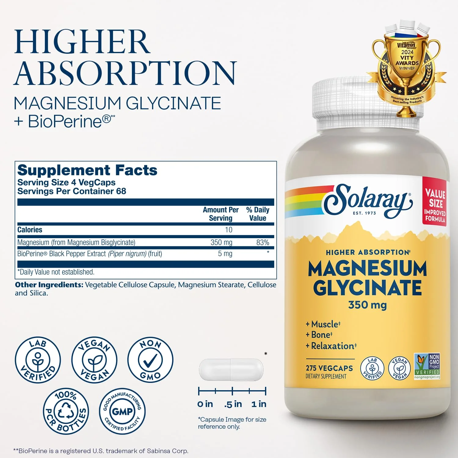 Solaray Magnesium Glycinate, New & Improved Fully Chelated Bisglycinate with BioPerine, High Absorption Formula, Stress, Bones, Muscle & Relaxation Support, 60 Day Guarantee, 68 Servings, 275 VegCaps - Image 6