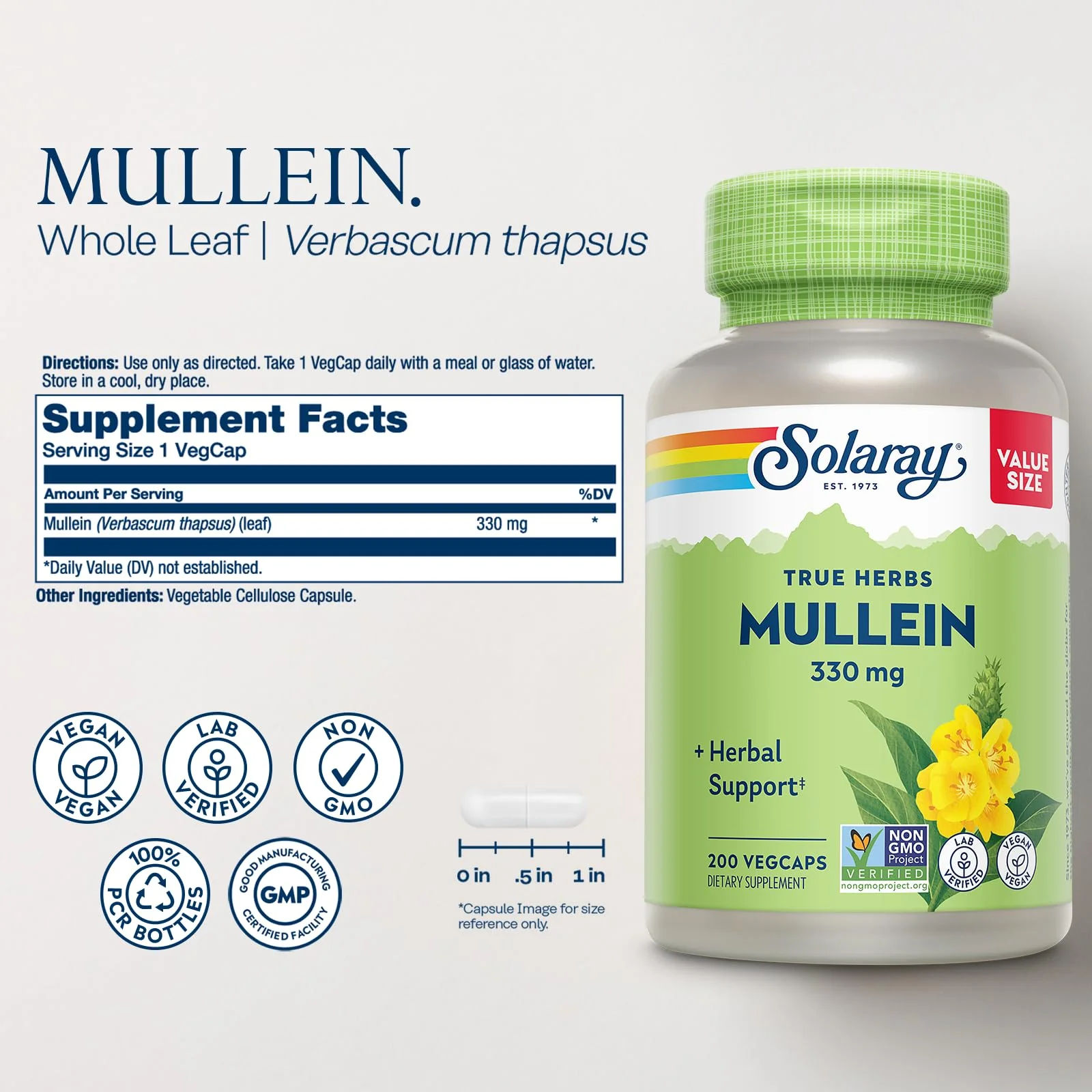 Solaray Mullein Leaf 330 mg - Soothing Herbal Support - Mullein Capsules Traditionally Used to Support Health and Wellness - Vegan, Non-GMO, Lab Verified, 60-Day Guarantee, 200 Servings, 200 VegCaps - Image 6