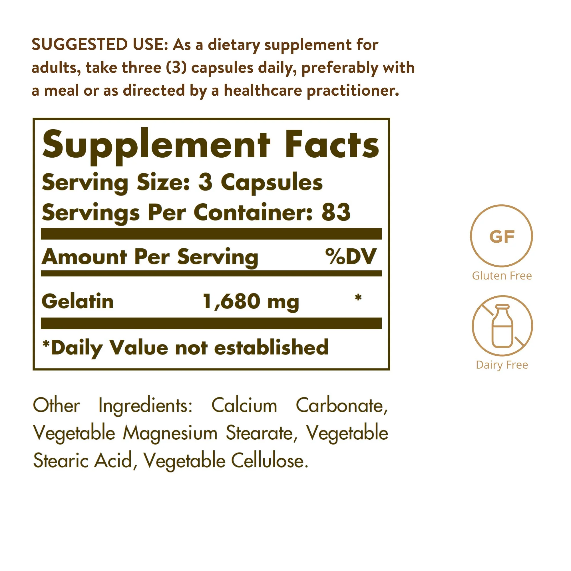 Solgar Gelatin 1680 mg, 250 Capsules - Natural Gelatin - Supports Bone, Joint & Skin Health - Gluten Free, Dairy Free - 83 Servings - Image 6