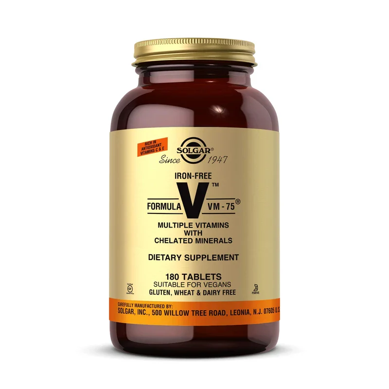 Solgar Iron-Free Formula VM-75, 180 Tablets - Multivitamin with Chelated Minerals - Vitamin A, B6, B12, C, D, E - Biotin, Magnesium, Calcium, Zinc - Vegan, Gluten & Dairy Free, Kosher - 180 Servings