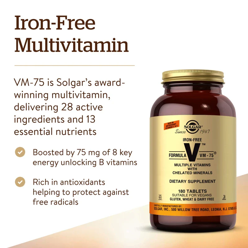 Solgar Iron-Free Formula VM-75, 180 Tablets - Multivitamin with Chelated Minerals - Vitamin A, B6, B12, C, D, E - Biotin, Magnesium, Calcium, Zinc - Vegan, Gluten & Dairy Free, Kosher - 180 Servings - Image 4