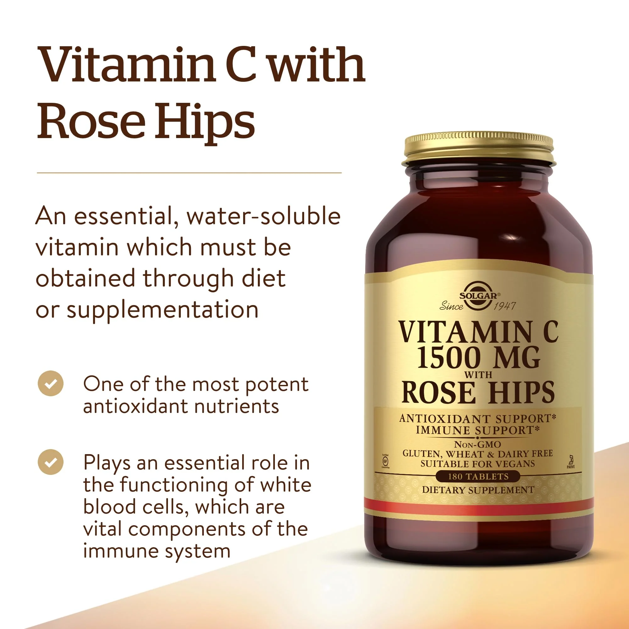 Solgar Vitamin C 1500 mg with Rose HIPS, 180 Tablets - Antioxidant & Immune Support - Overall Health - Supports Healthy Skin & Joints - Non GMO, Vegan, Gluten Free, Dairy Free, Kosher - 180 Servings - Image 6