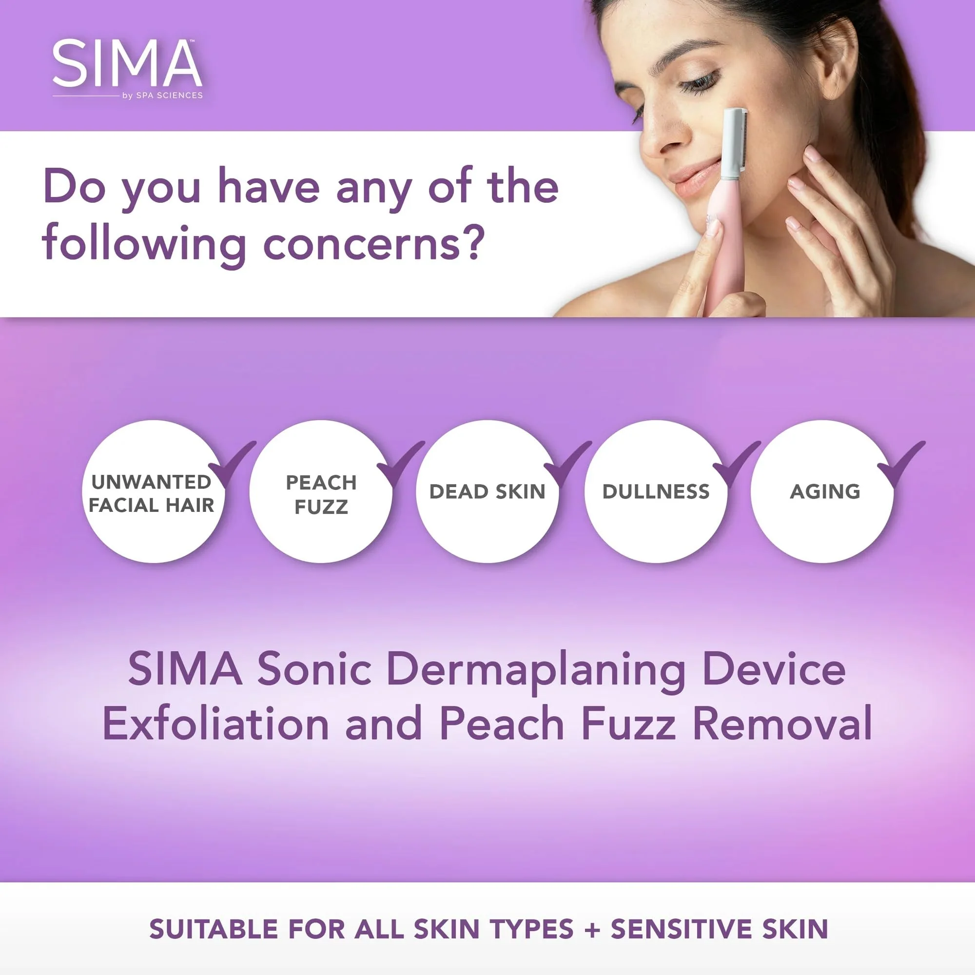 SPA SCIENCES - SIMA Patented Dermaplane Razor for Women Face – Painless 2-in-1 Facial Exfoliation & Peach Fuzz Hair Removal – Anti-Aging – 3 Speeds – Rechargeable – 21 Weeks Treatment - Image 6