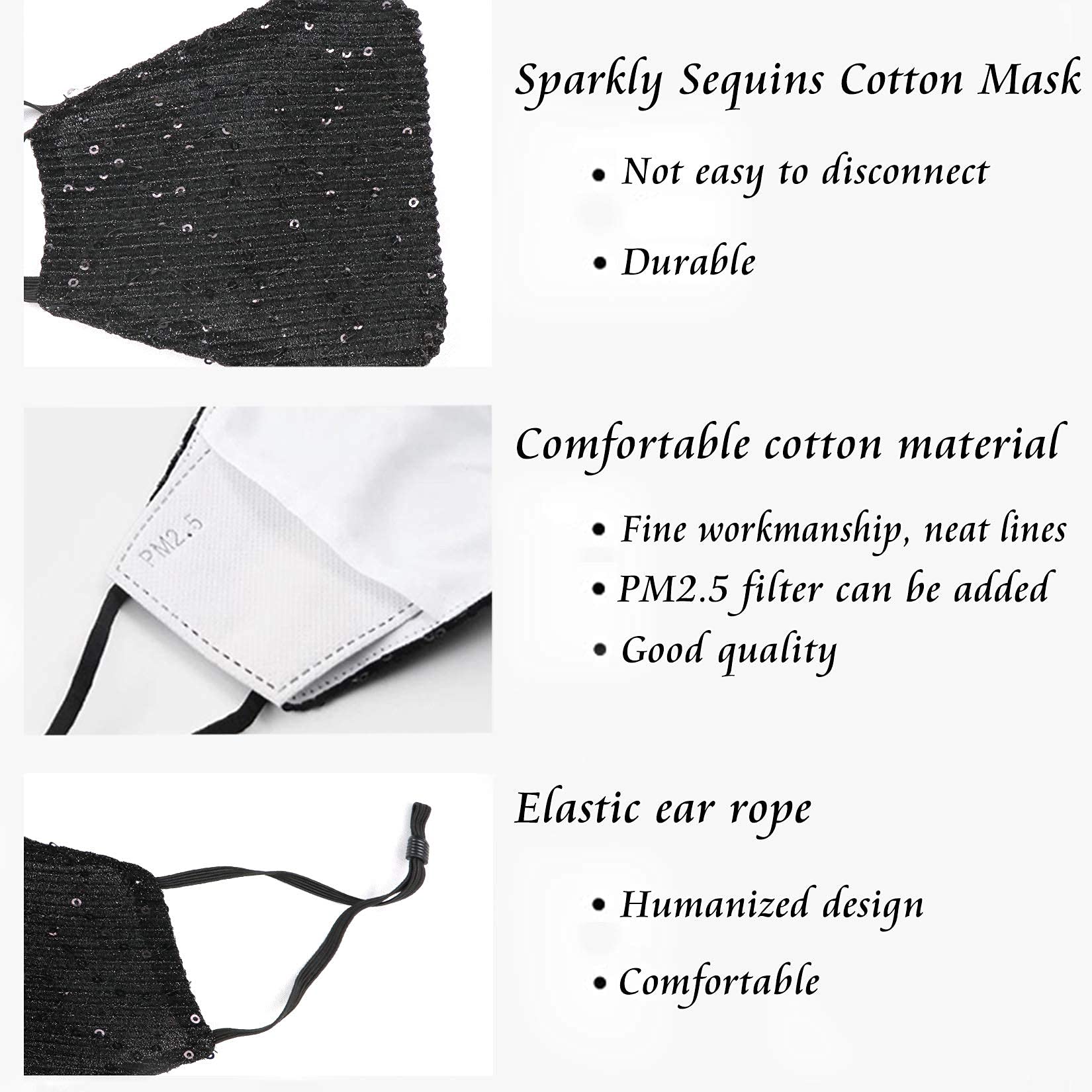 Sparkly Sequins Mouth Masc Fashion Designer Glitter Cotton Face Cover With Adjustable Ear Loops Reusable Masquerade Party Nightclub Rave Festival Sequins Face Covering (Black) - Image 5