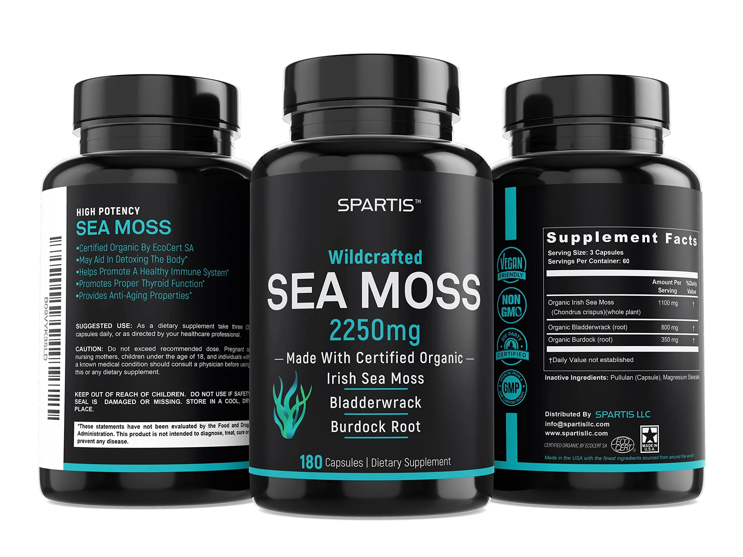 SPARTIS Certified Organic Sea Moss Capsules 2250mg Wildcrafted Irish Sea Moss Burdock Root Bladderwrack Supplement Raw Seamoss Pills & Powder (Pack of 1 at 180-Caps) - Image 4