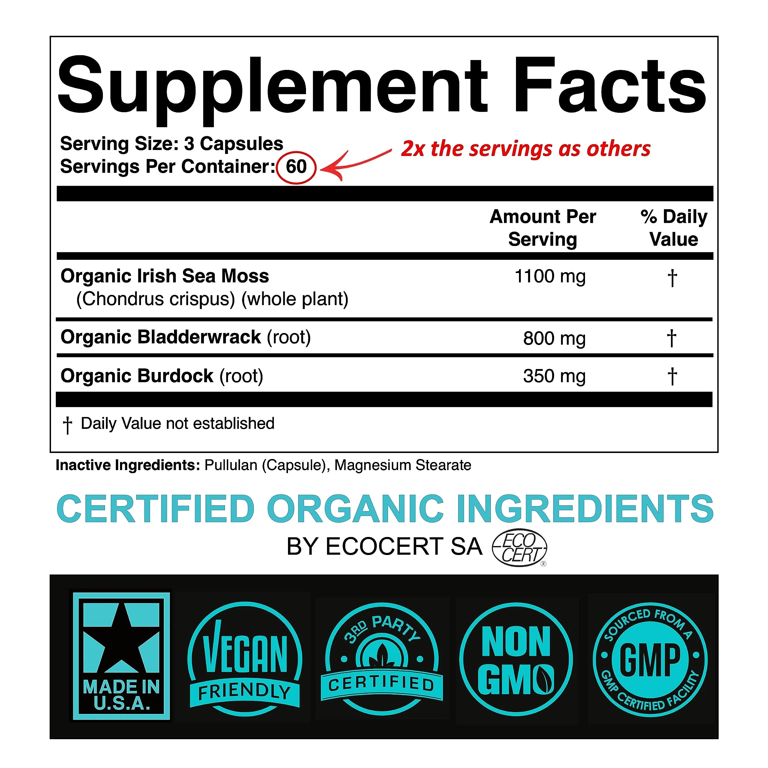 SPARTIS Certified Organic Sea Moss Capsules 2250mg Wildcrafted Irish Sea Moss Burdock Root Bladderwrack Supplement Raw Seamoss Pills & Powder (Pack of 1 at 180-Caps) - Image 9