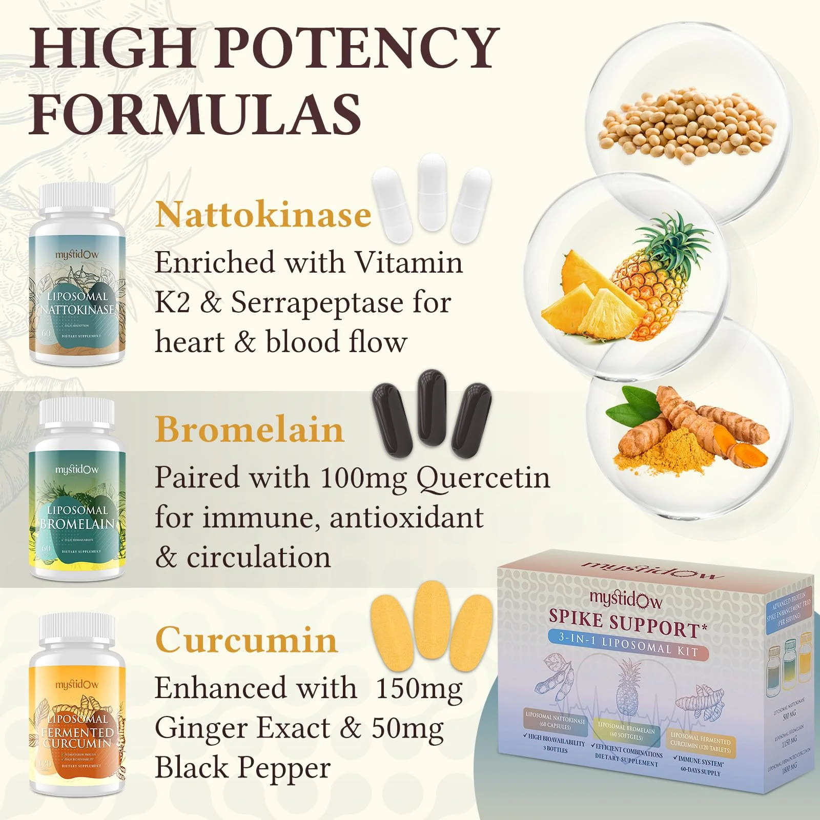 Spike Support Trio | Liposomal Nattokinase 8000 FU 500mg, Bromelain 1150 mg & Fermented Curcumin 1800 mg | High Potency, Enhanced Absorption Formula | for Immune, Heart & Circulation | 60 Day Supply - Image 6