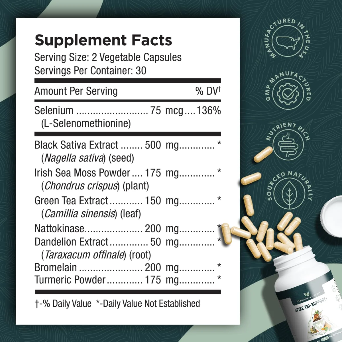 Spike Tri-Support+ with Nattokinase, Bromelain, and Turmeric - Includes Dandelion Extract, Black Seed Extract, Green Tea Leaf, Selenium for A Full Spectrum Spike Support Supplement - Image 2