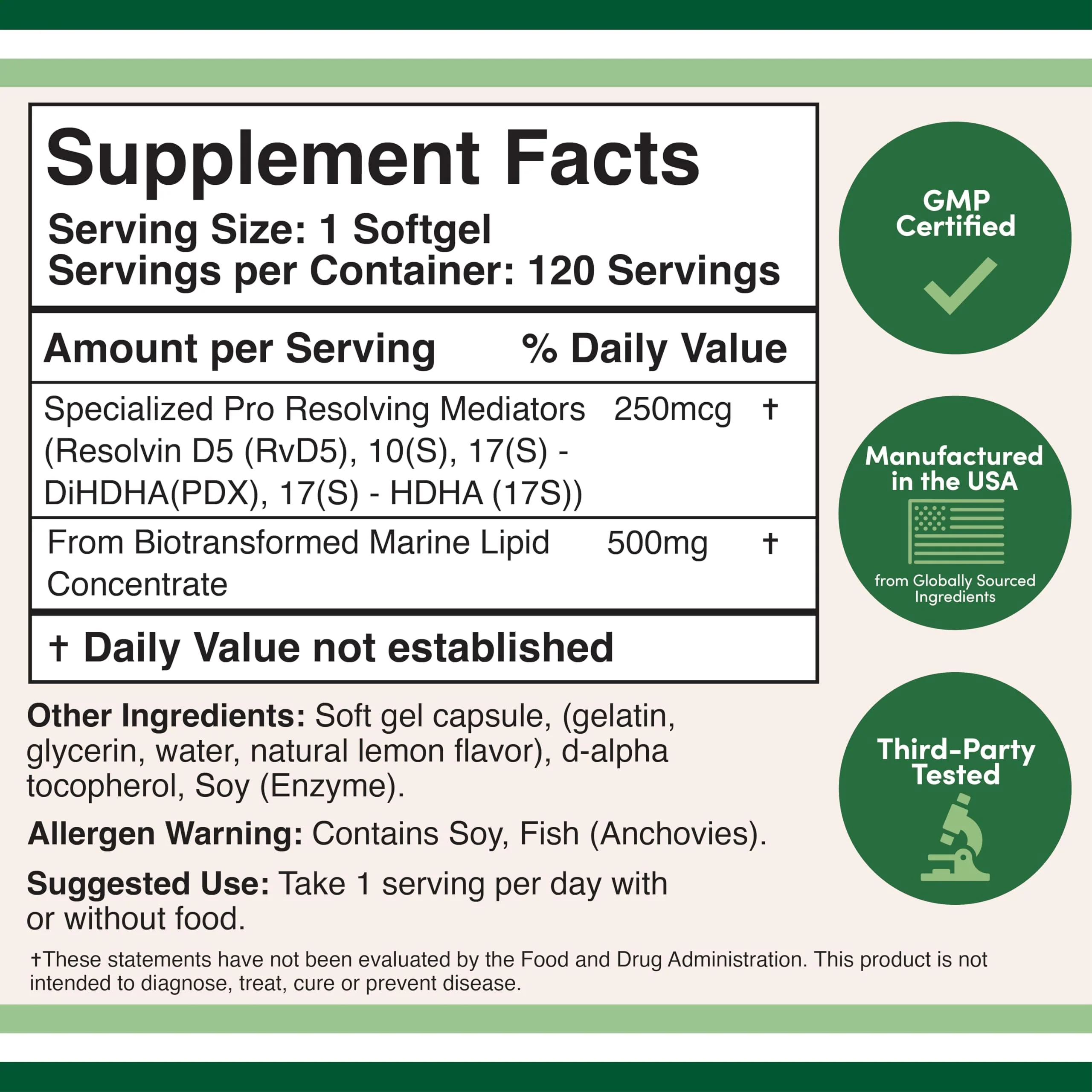 SPM Max (Specialized Pro-Resolving Mediators) 120 Softgels, 500mg (Only Product Standardized and Third Party Tested to Contain Active SPMs, Check The Supplement Fact Panel) by Double Wood - Image 6