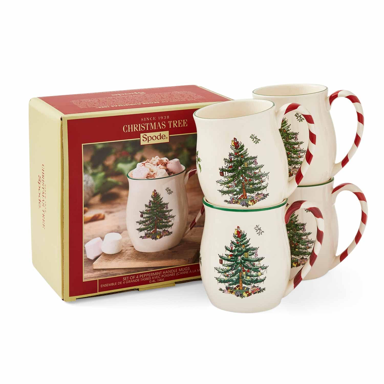 Spode Christmas Tree 14 oz Holiday Mugs (Set of 4) - Festive Coffee Cups with Peppermint Candy Cane Handle, Stoneware Christmas Drinkware Ideal for Hot Cocoa, Holiday Tea & Winter Beverages - Image 3