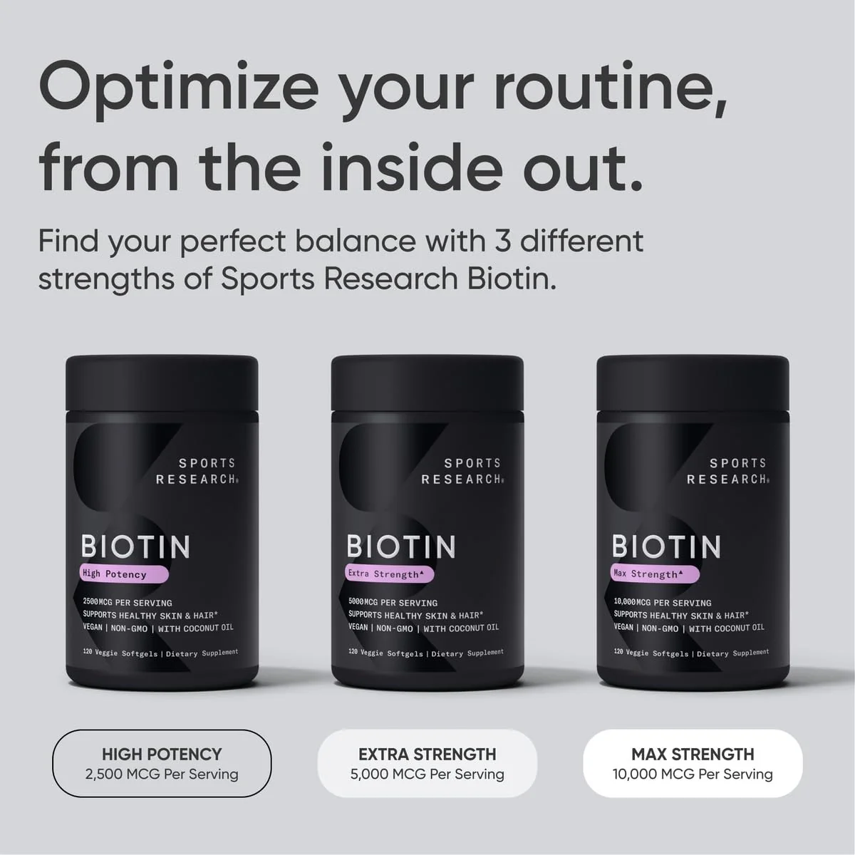 Sports Research Extra Strength Vegan Biotin (Vitamin B) Supplement with Organic Coconut Oil - Supports Keratin for Healthier Hair & Skin - Great for Women & Men - 2,500mcg, 120 Veggie Softgel Capsules - Image 4
