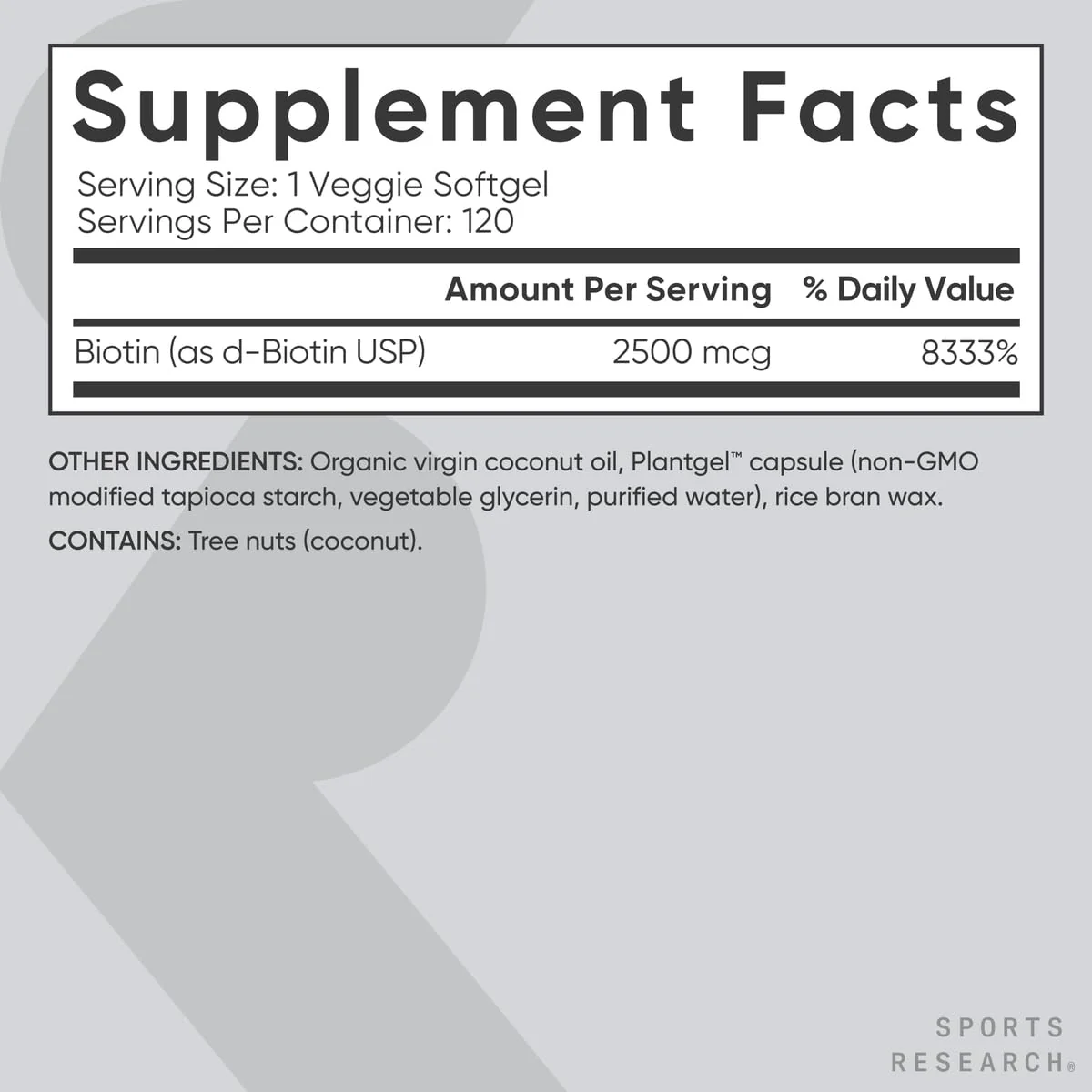 Sports Research Extra Strength Vegan Biotin (Vitamin B) Supplement with Organic Coconut Oil - Supports Keratin for Healthier Hair & Skin - Great for Women & Men - 2,500mcg, 120 Veggie Softgel Capsules - Image 6