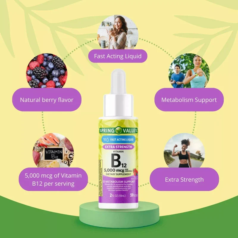 Spring Valley Liquid Vitamin B12, 5000mcg, Metabolism Supplement, Berry, 2 fl oz - Image 2