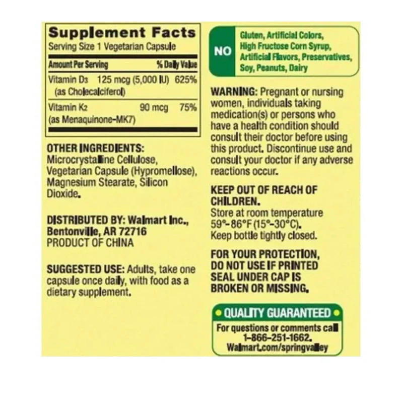 Spring Valley Vitamin K2 (90mcg)+ D3 (125mcg) Vegetarian Capsules, 90 Ct 01/2026 - Image 2