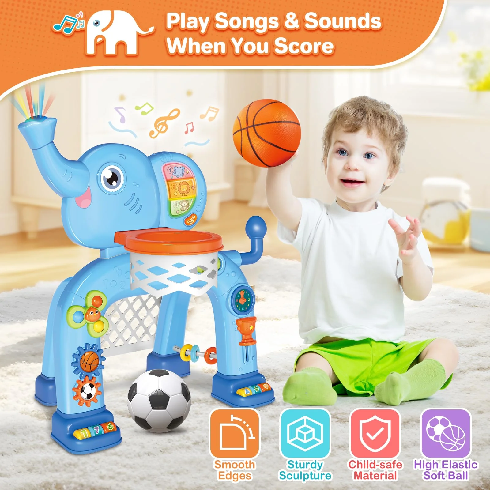 SpringFlower Toddler Basketball Hoop & Soccer Goal Activity Center Toys with Light & Music,Elephant Toddlers Musical Toys Gift, Baby & Toddlers Christmas Birthday Gift for 1 2 3 Year Old Boys & Girls - Image 4