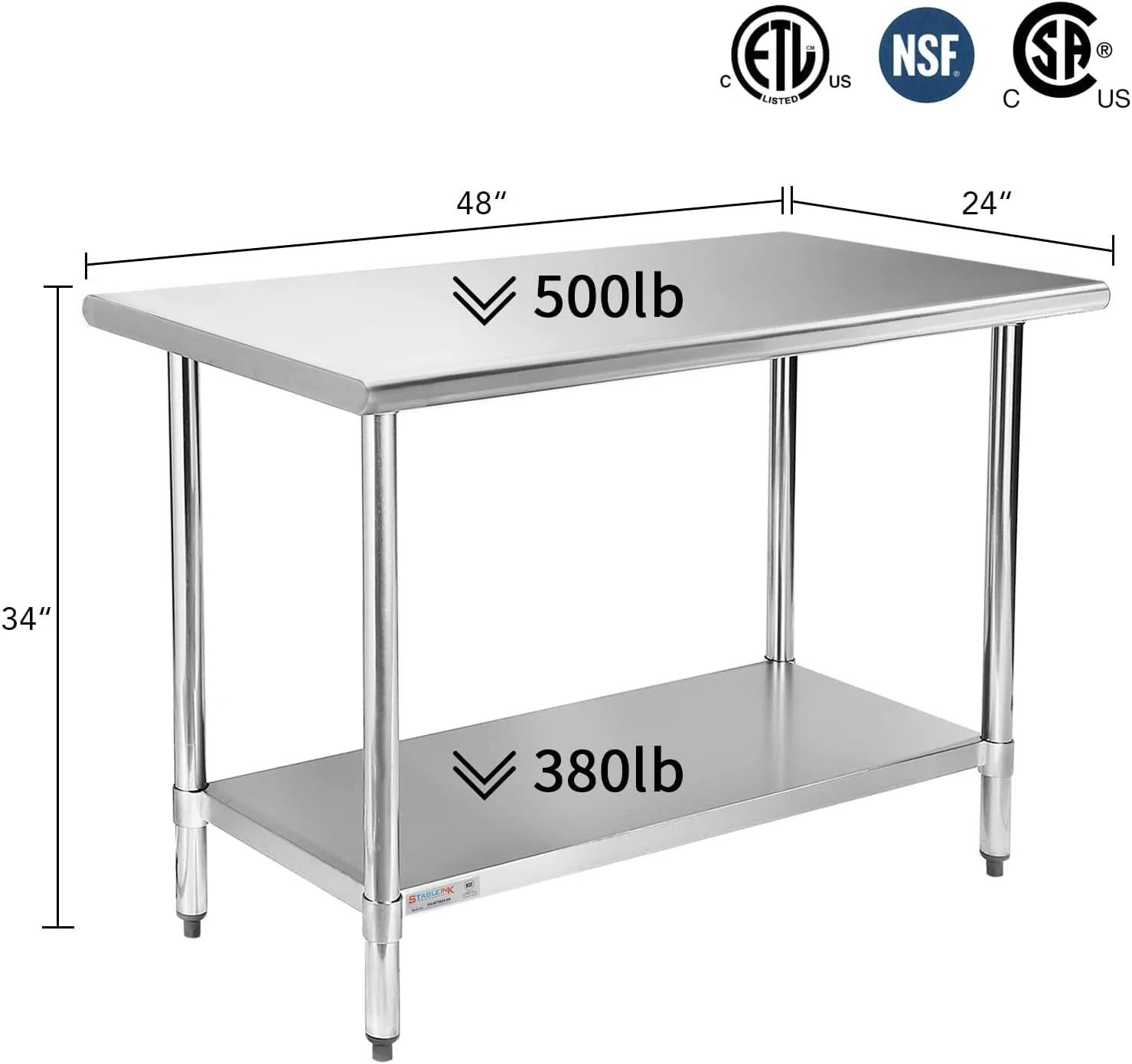 STABLEINK NSF Stainless Steel Prep Table 48 x 24 Inches Metal Work Table with Adjustable Undershelf for Commercial Kitchen, Restaurant, Hotel and Garage - Image 6