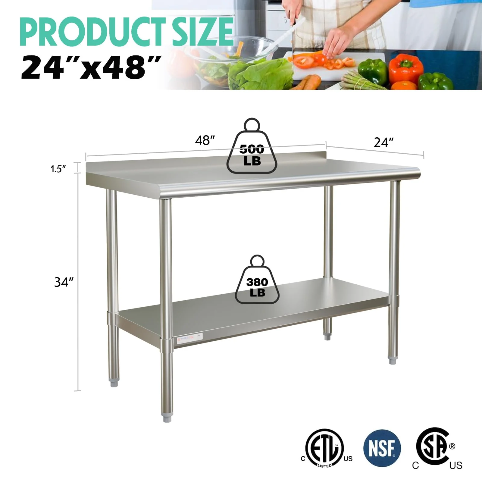 STABLEINK NSF Stainless Steel Prep & Work Table 24 x 48 Inches 4ft Heavy Duty Metal Table with Backsplash and Undershelf for Commercial Kitchen, Restaurant, Hotel, Laundry and Garage - Image 5