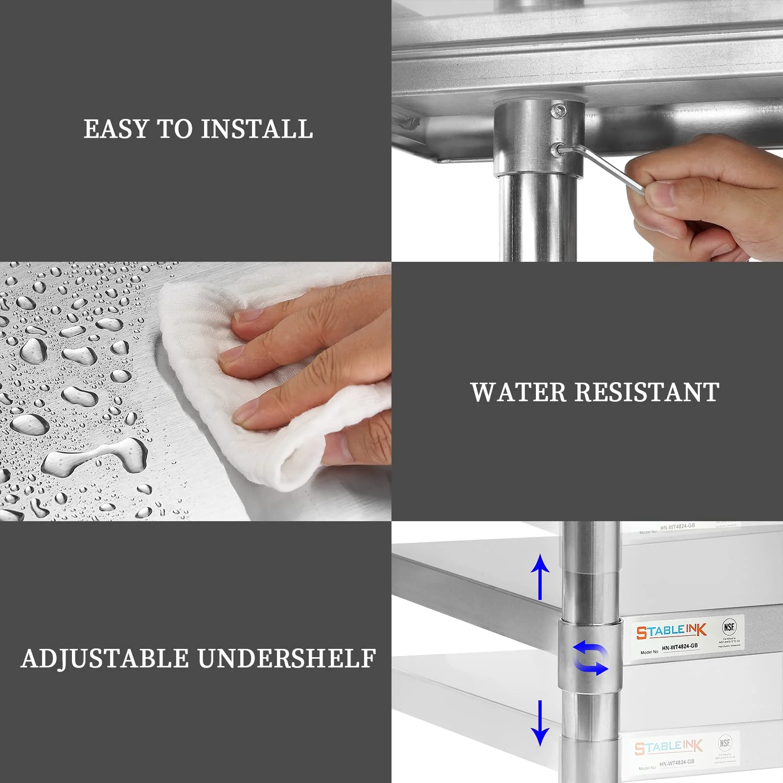 STABLEINK NSF Stainless Steel Table, 24 x 36 Inches Metal Prep & Work Table with Adjustable Undershelf, for Commercial Kitchen, Restaurant, Hotel and Garage,Stainless Steel prep Table Work Table - Image 6