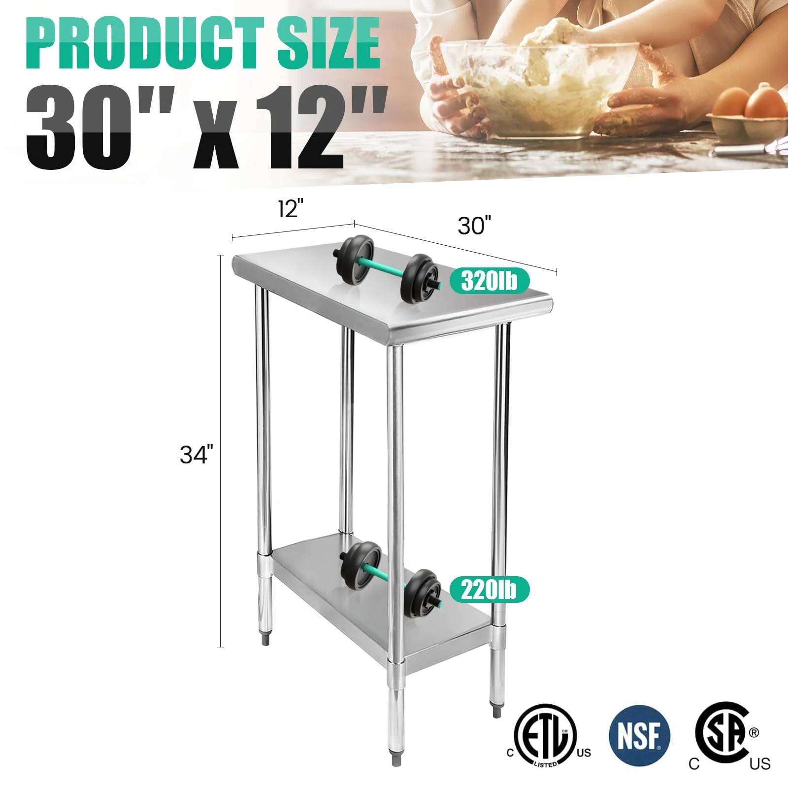 STABLEINK NSF Stainless Steel Table 30 x 12 Inches, Metal Prep & Work Table with Adjustable Undershelf, for Commercial Kitchen, Restaurant, Hotel and Garage,Small Tables - Image 8
