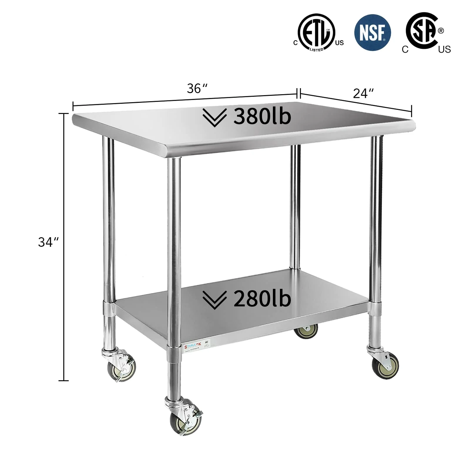 STABLEINK Stainless Steel Table with Wheels 24 x 36 Inches, NSF Commercial Prep & Workbench with Adjustable Undershelf and Casters, for Commercial Kitchen, Restaurant, Hotel, Laundry and Garage - Image 8