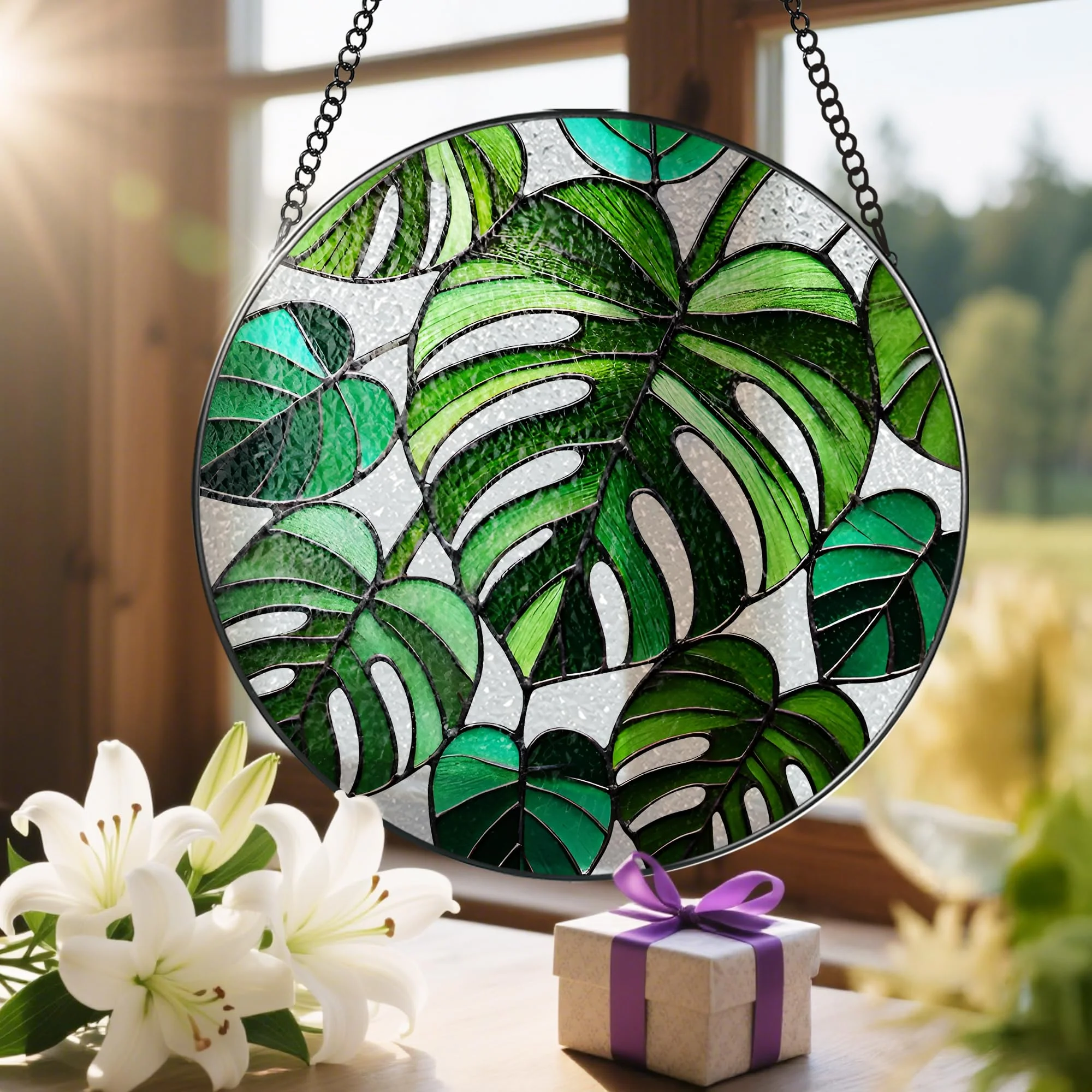 Stained Glass Window Hanging, 8 Inch Monstera Plant Stained Glass Suncatcher, Plant Sun Catcher, Plant Lover Decor, Plant Lover Gifts, Mother's Day, Birthday, Housewarming, Christmas, Festival Gifts - Image 2