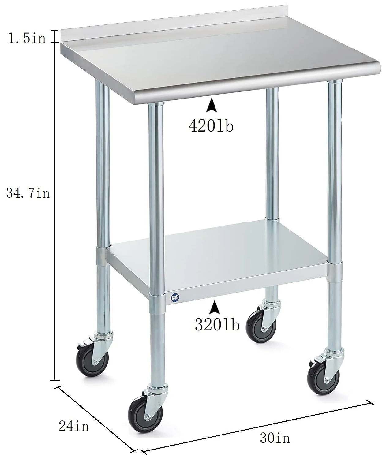 Stainless Steel Table for Prep & Work with Backsplash & Caster 24x30 Inches, NSF Commercial Kitchen Heavy Duty Table with Adjustable Under Shelf for Restaurant, Home and Hotel - Image 6