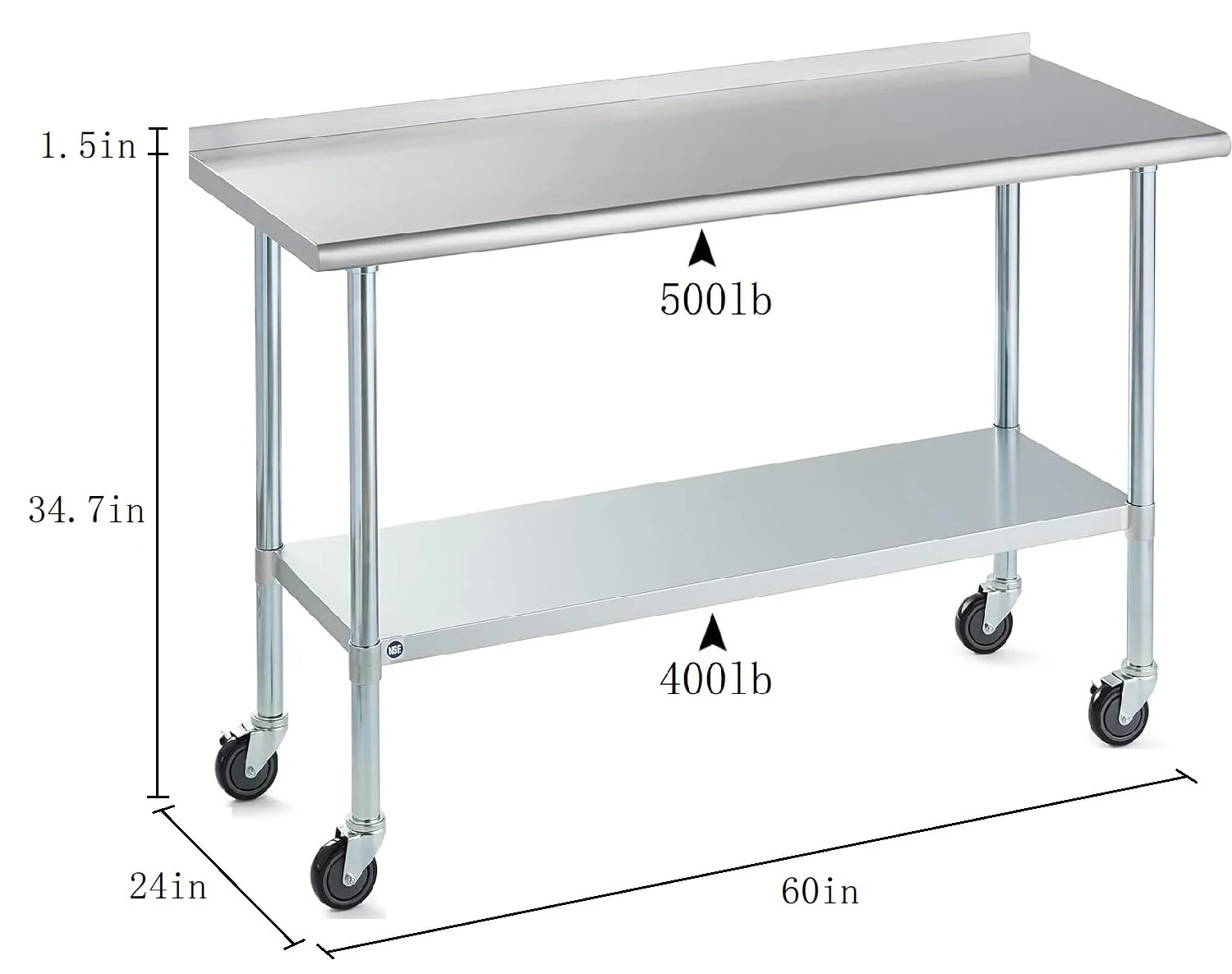 Stainless Steel Table for Prep & Work with Caster & Backsplash 24x60 Inches, NSF Metal Commercial Kitchen Heavy Duty Table with Adjustable Under Shelf and Table Foot for Restaurant, Home and Hotel - Image 6