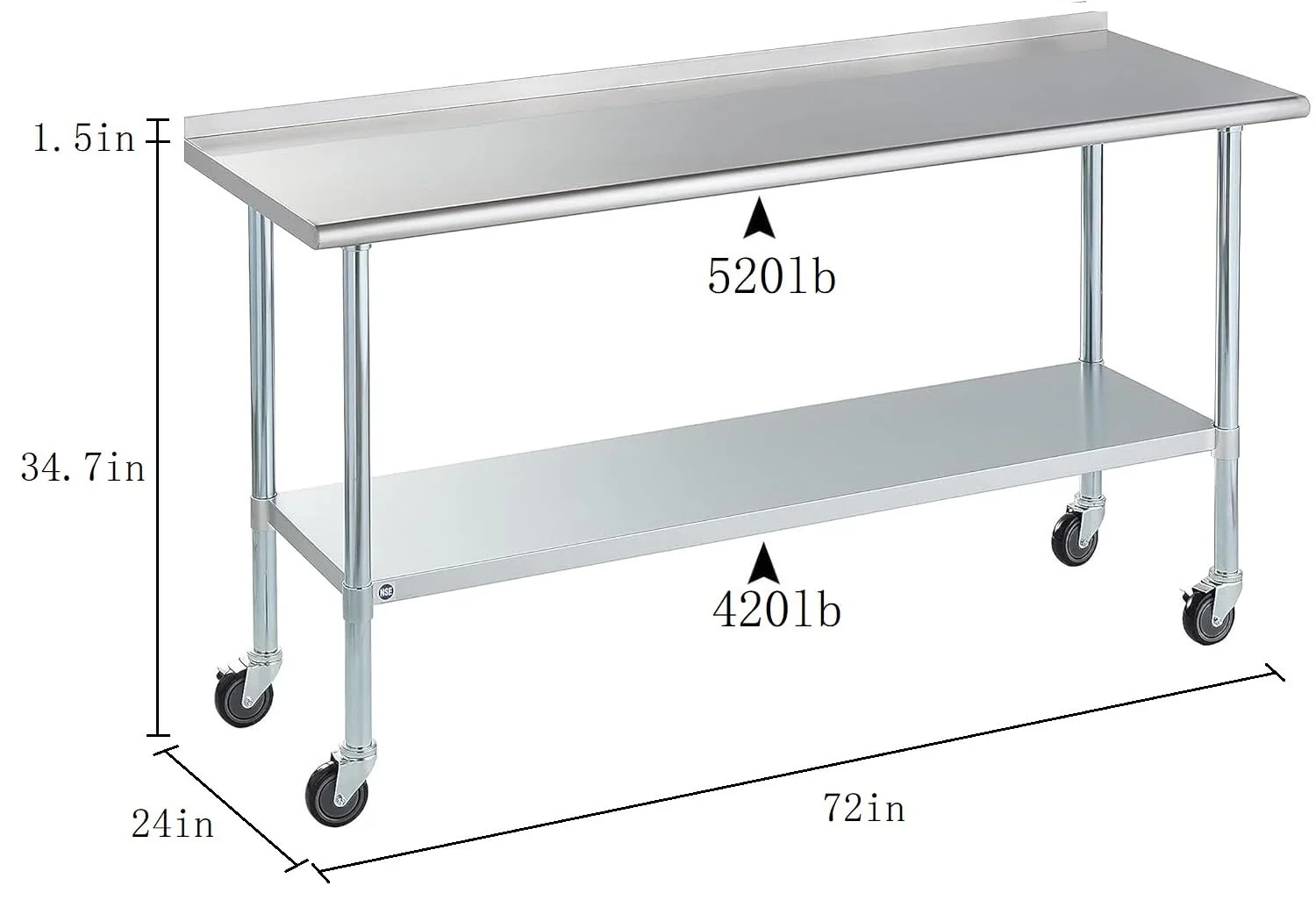 Stainless Steel Table for Prep & Work with Caster & Backsplash 24x72 Inches, NSF Metal Commercial Kitchen Heavy Duty Table with Adjustable Under Shelf and Table Foot for Restaurant, Home and Hotel - Image 6