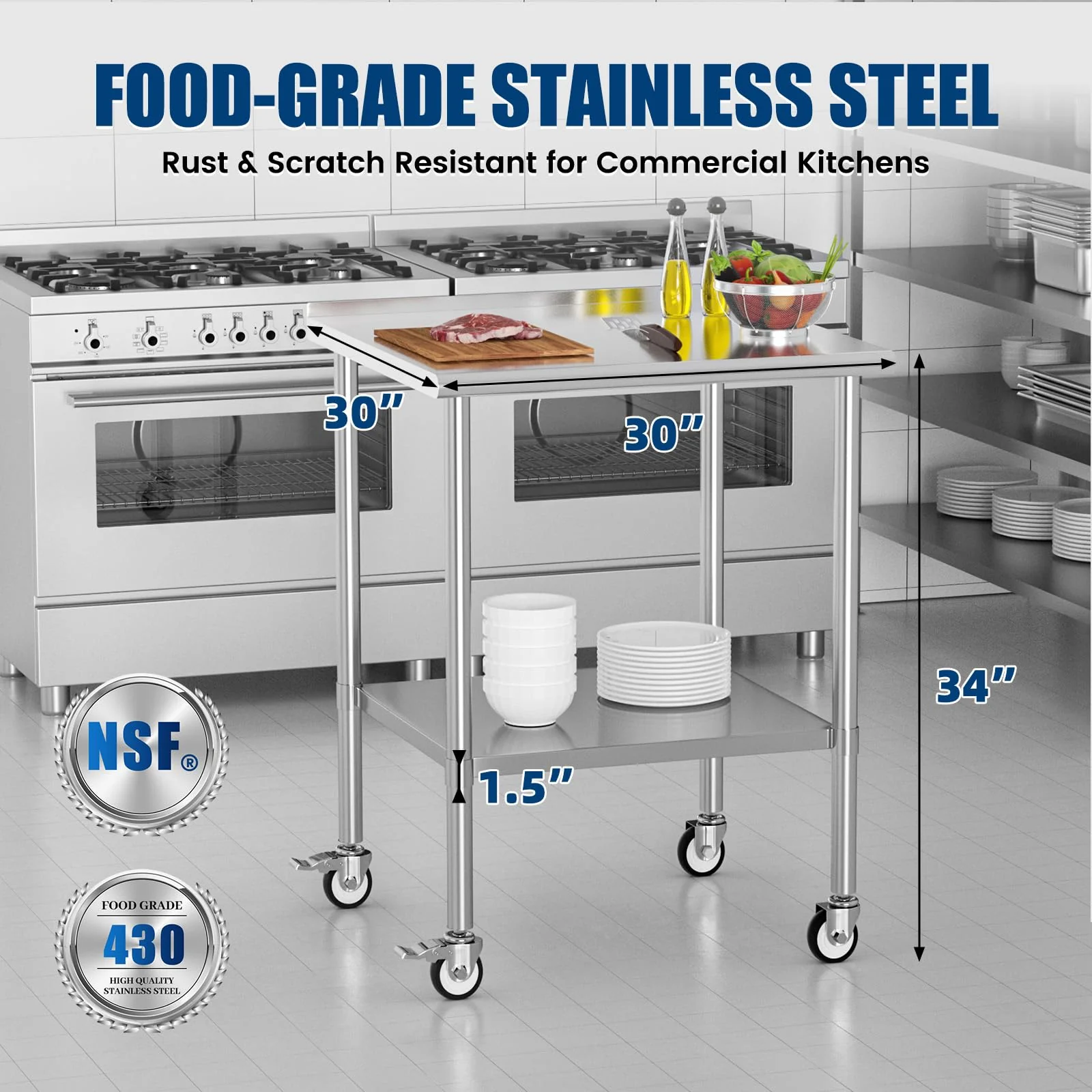 Stainless Steel Work Table with Wheels, 30x30 Inch NSF Food Prep Table with Backsplash & Adjustable Undershelf for Commercial Kitchen, Restaurant, Garage - Image 7