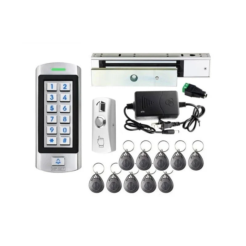 Stainless Waterproof Access Control System Kit, 300kg/660lbs Force Electric Magnetic Lock System Electromagnetic Lock Kit with RFID Keypad/Reader 10 Keyfobs 110V Power Supply Metal Exit Button