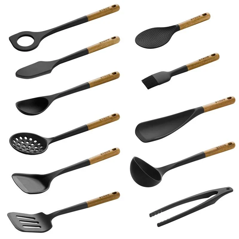 STAUB Silicone Kitchen Tools, Wood Handled Cooking Utensil Sets - Color: Matte Black, Size: 3-pc - Image 8