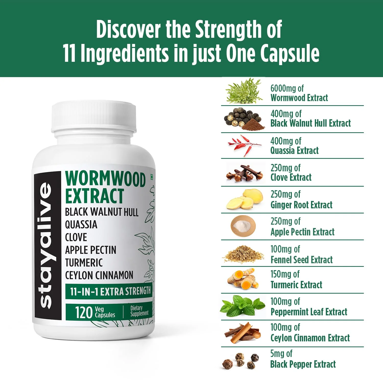 STAY ALIVE Wormwood Black Walnut Clove Cleanse Extract, 11-in-1 Extra Strength Complex, 120 Pills, Herbal Supplement for Adults, Vegan, Non-GMO & Gluten Free Sweet Wormwood Capsules - Image 3