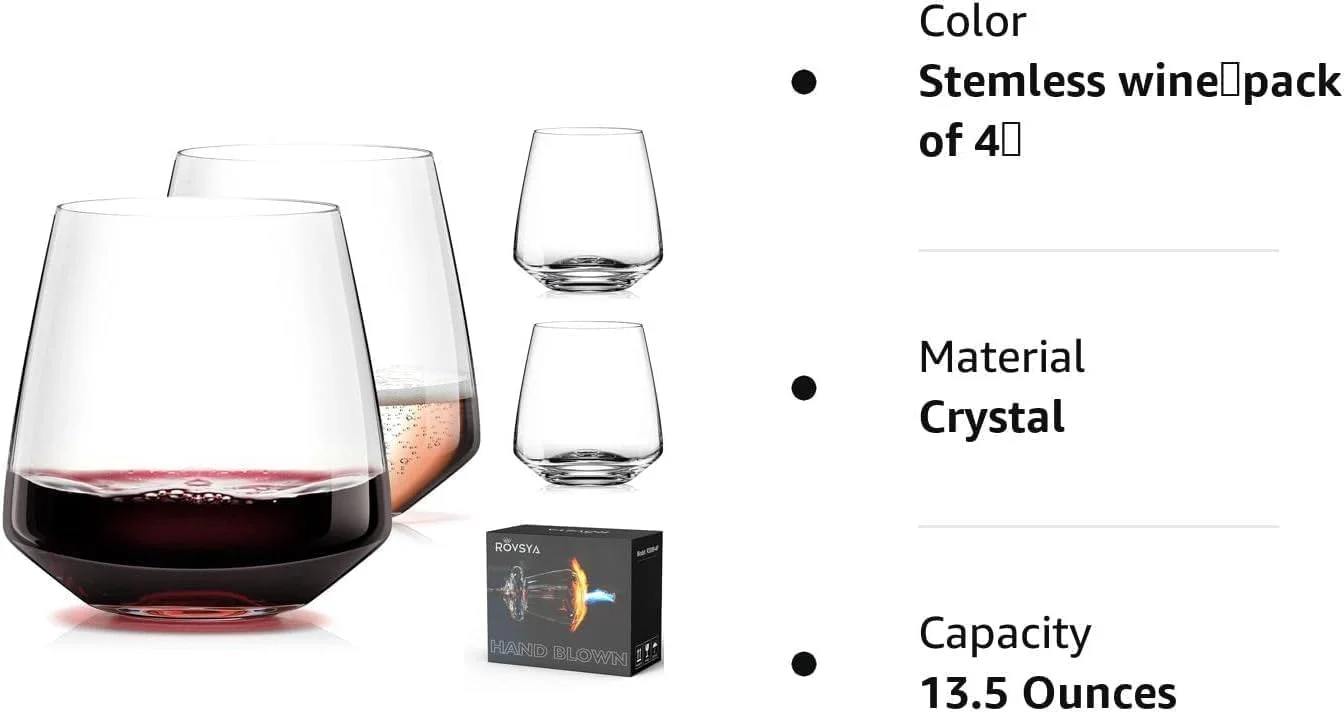 Stemless Wine Glasses Set of 4 13.5oz, Hand Blown Red White Wine Glasses Unique Gifts for Him Her for Birthday, Wedding, Christmas, Anniversary - Image 2
